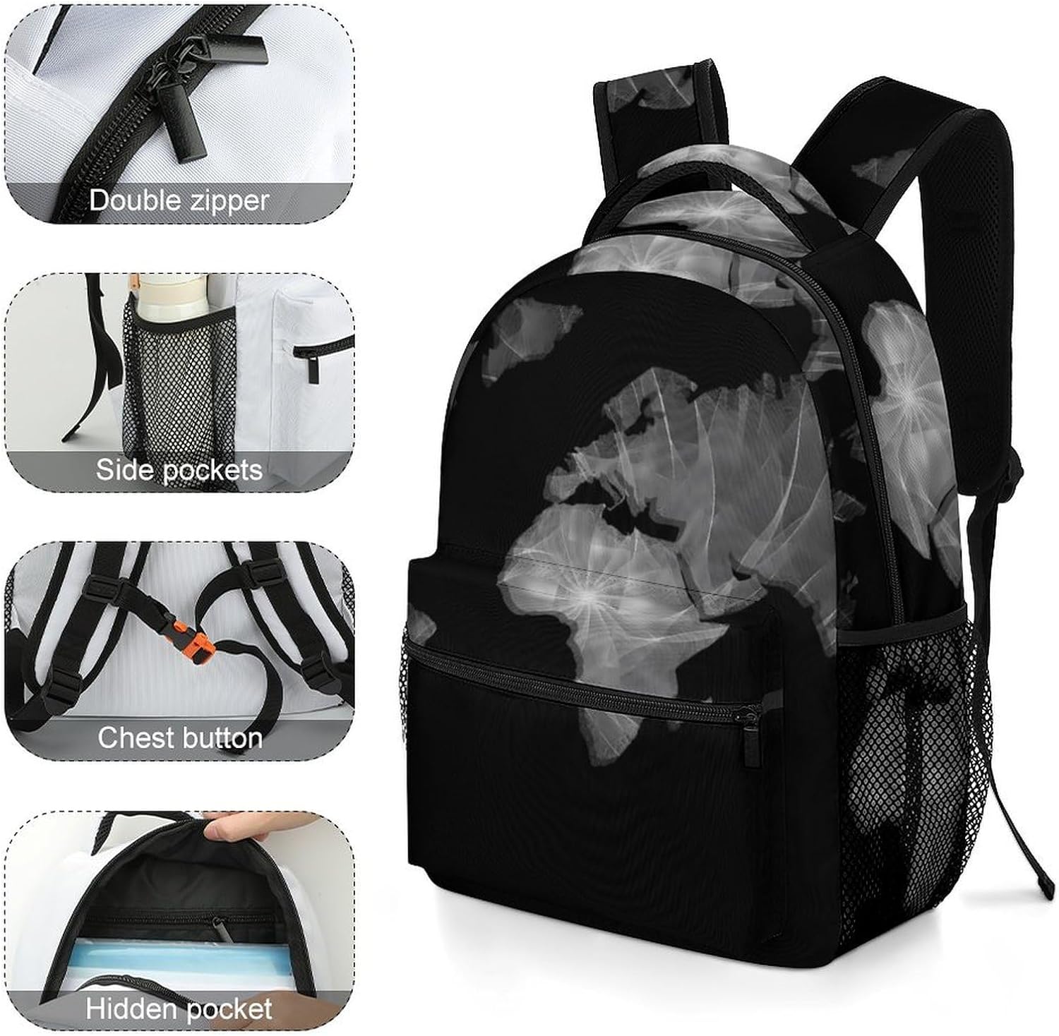World Map Rosette Spiral Geometric Unisex Backpack Casual Daypacks Lightweight Shoulders Bag for Camping Hiking Travel