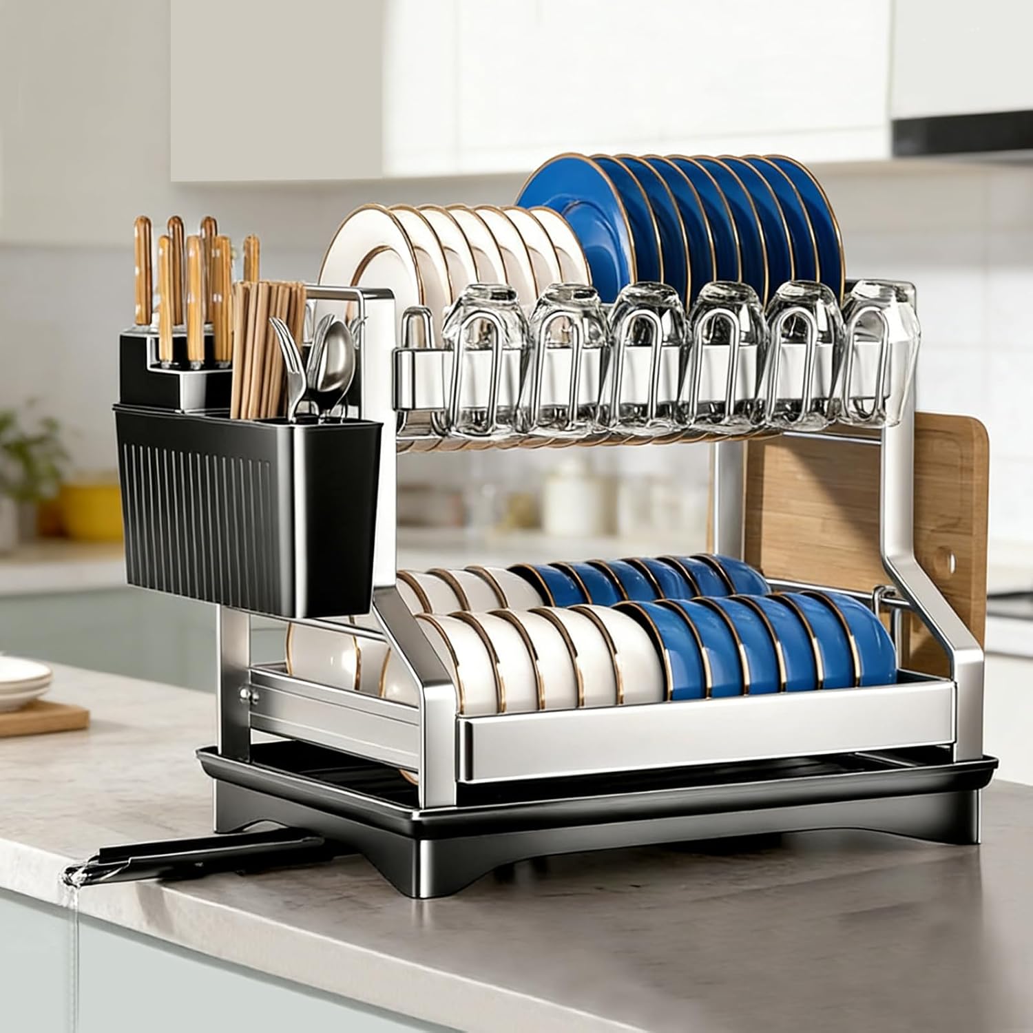 Dish Drying Rack 2 Tiers, Stainless Steel Dish Drying Rack Stainless Steel Utensil Holder Large 2 Tier Dish Drainers for Kitchen Counter