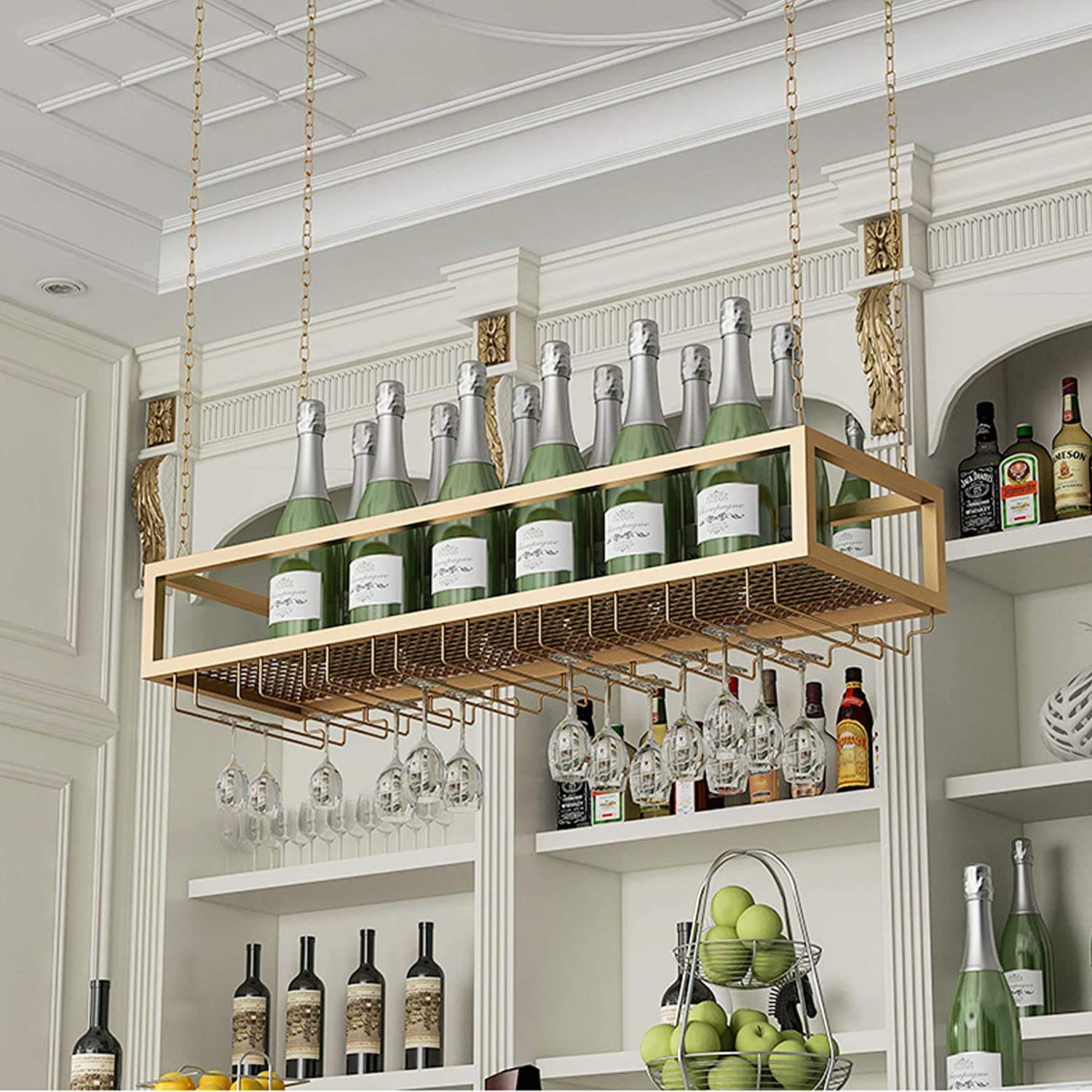 Casier à vin suspendu plafond en fer or pour bouteille et verre