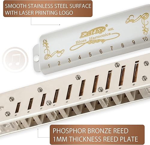 Miniatura 3 de East top Blues Harmonica Key of C, armónica de órgano de boca diatónica de 10 agujeros con cubierta blanca, armónica T008L para adultos,