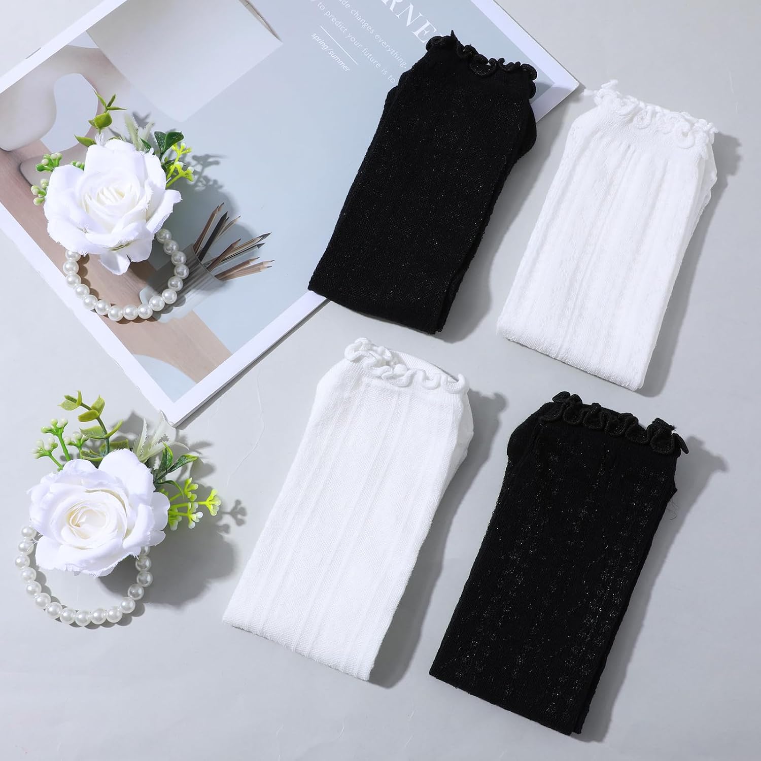 4 Pairs Womens Ruffle Socks, Mesh Cotton Hollow Socks, Casual Sheer Lace Sock, Ultra Thin Cool Frilly Sock for Women and Girl (White, Black)