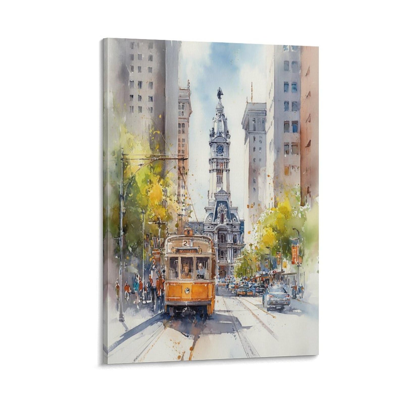 LCYNNH Philadelphia Watercolor City Hall 20x30inch(50x75cm) Vintage Travel Poster Watercolor Canvas Art