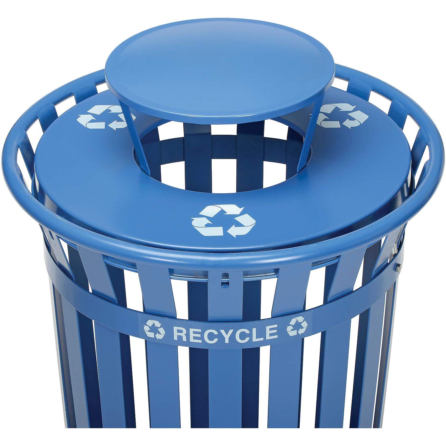 Global Industrial 36 Gallon Outdoor Steel Recycling Receptacle with Rain Bonnet Lid, Blue