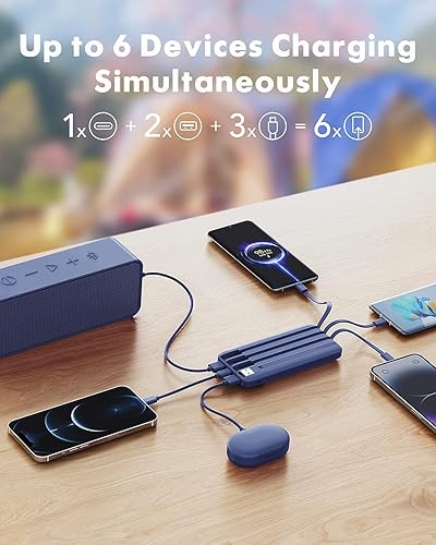 Miniatura 54 de charmast Cargador portátil con cables incorporados, banco de energía con cables, batería delgada de viaje de 10000 mAh, 6 salidas 3 entradas 3 A, C