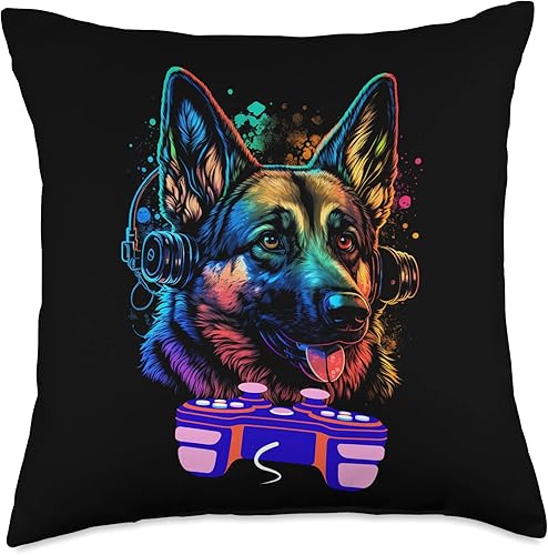 Funny Video Gamer Dog German Shepherd Lovers Cojín para hombre y niño con diseño de pastor alemán para jugar en videojuegos, 18 x 18 pulgadas,