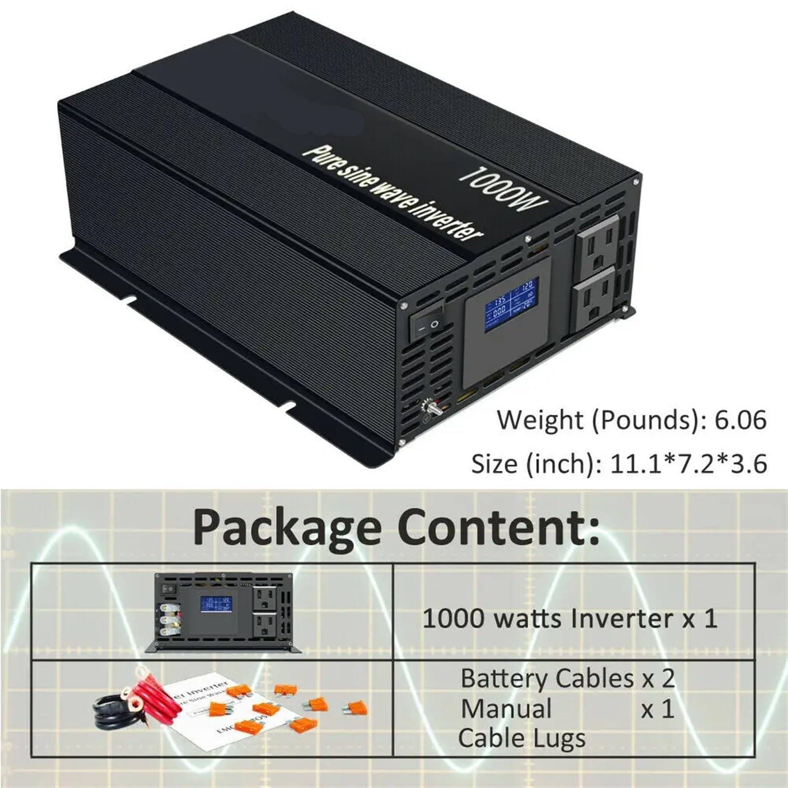 Inverter, Inverter solare da 1000 W, inverter a onda sinusoidale pura, inverter da 24 V a alimentatore di backup, trasformatore da CC a CA da 12 V/24 V,per viaggi, campeggio, camper e fuori rete(36V)