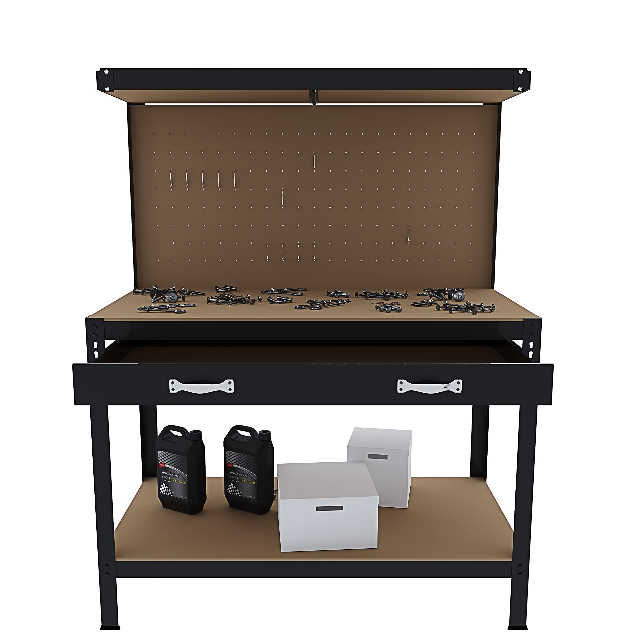 Banco da Lavoro 3 Livelli 120x60 cm 370 kg Cassetto Pannello Forato Nero