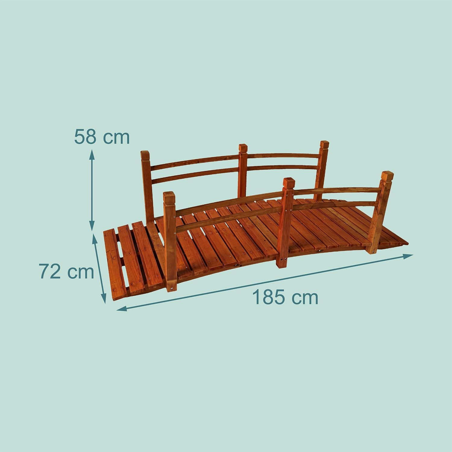 Relaxdays Garden Bridge with Railing, Fir Wood, for Pond, HxWxD: 58 x 185 x 72 cm, 200 kg, Orange