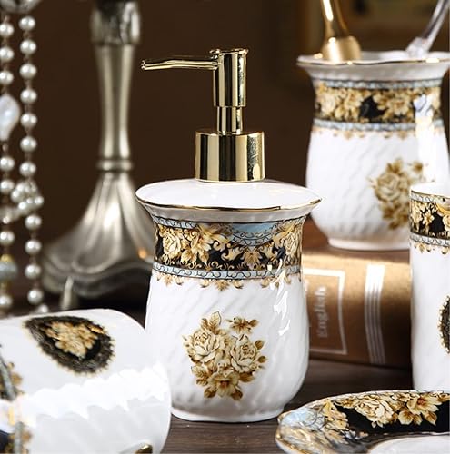 Miniatura 4 de Decoración de baño de tocador, juego de accesorios de baño de lujo ligero, 5 piezas, accesorios de baño de cerámica, estilo retro europeo, juego de