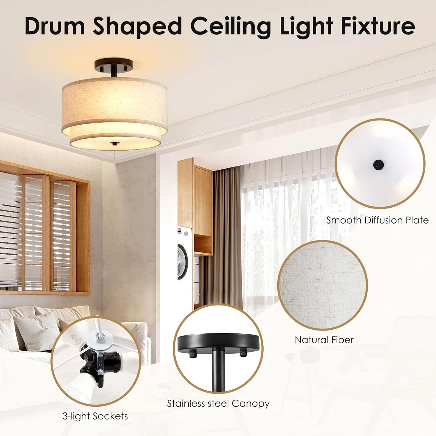 Ceiling Light,12.6” Semi Flush Mount Ceiling Light,2-Layer Drum Shaped Bedroom Light Fixture,3-Light Modern Fabric Ceiling Light Fixture,Ideal Light Fixtures Ceiling Mount for Bedroom,Living Room