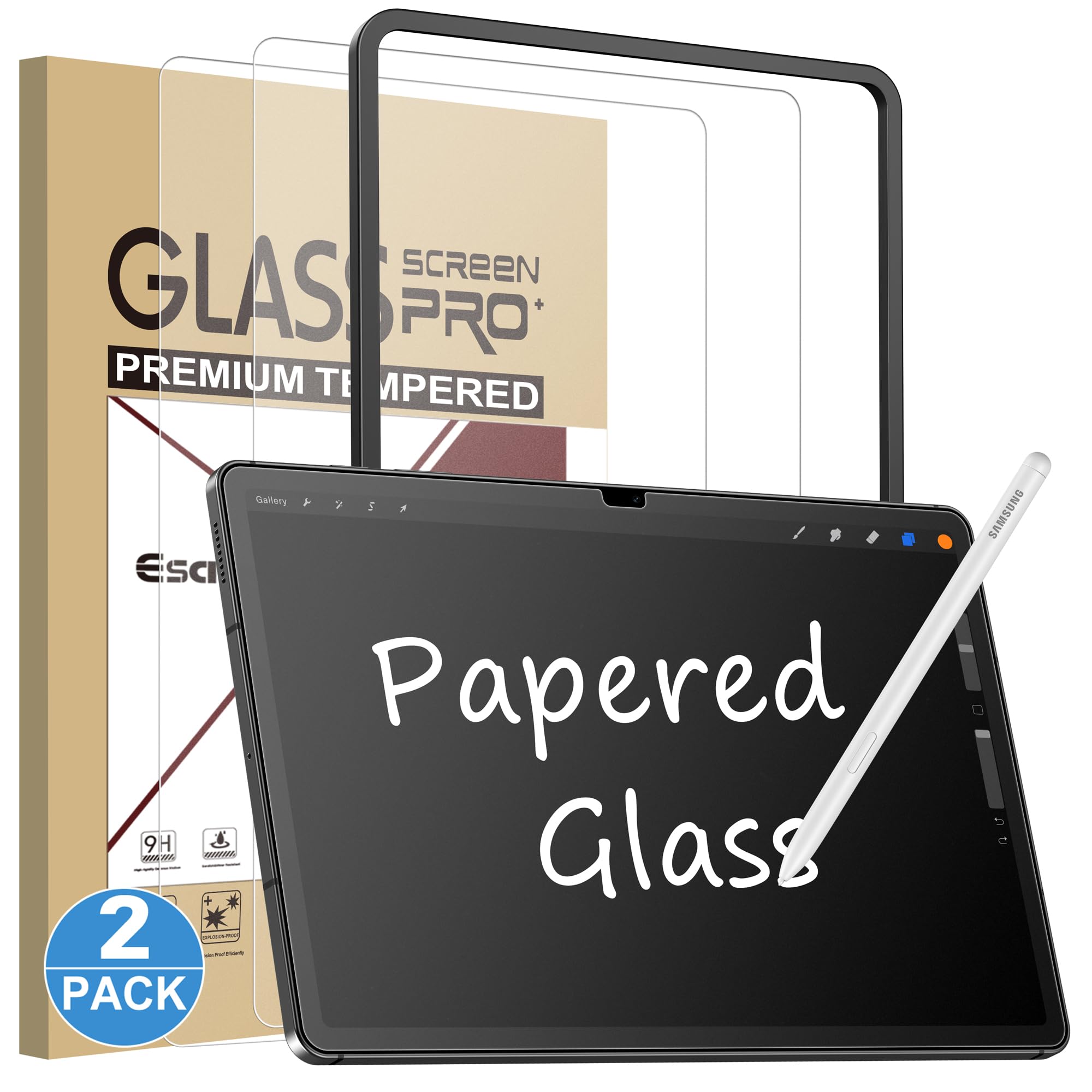 Esanik 2 Pack Like Paper Glass Screen Protector for Samsung Galaxy Tab S10 Lite/S10 FE/ S9 / S9 FE (11 inch) 9H Tempered Glass Film with Alignment Frame, Writing Like on Paper, Anti Glare S10 Lite/S10 FE/S9 FE 5G/S9 11''