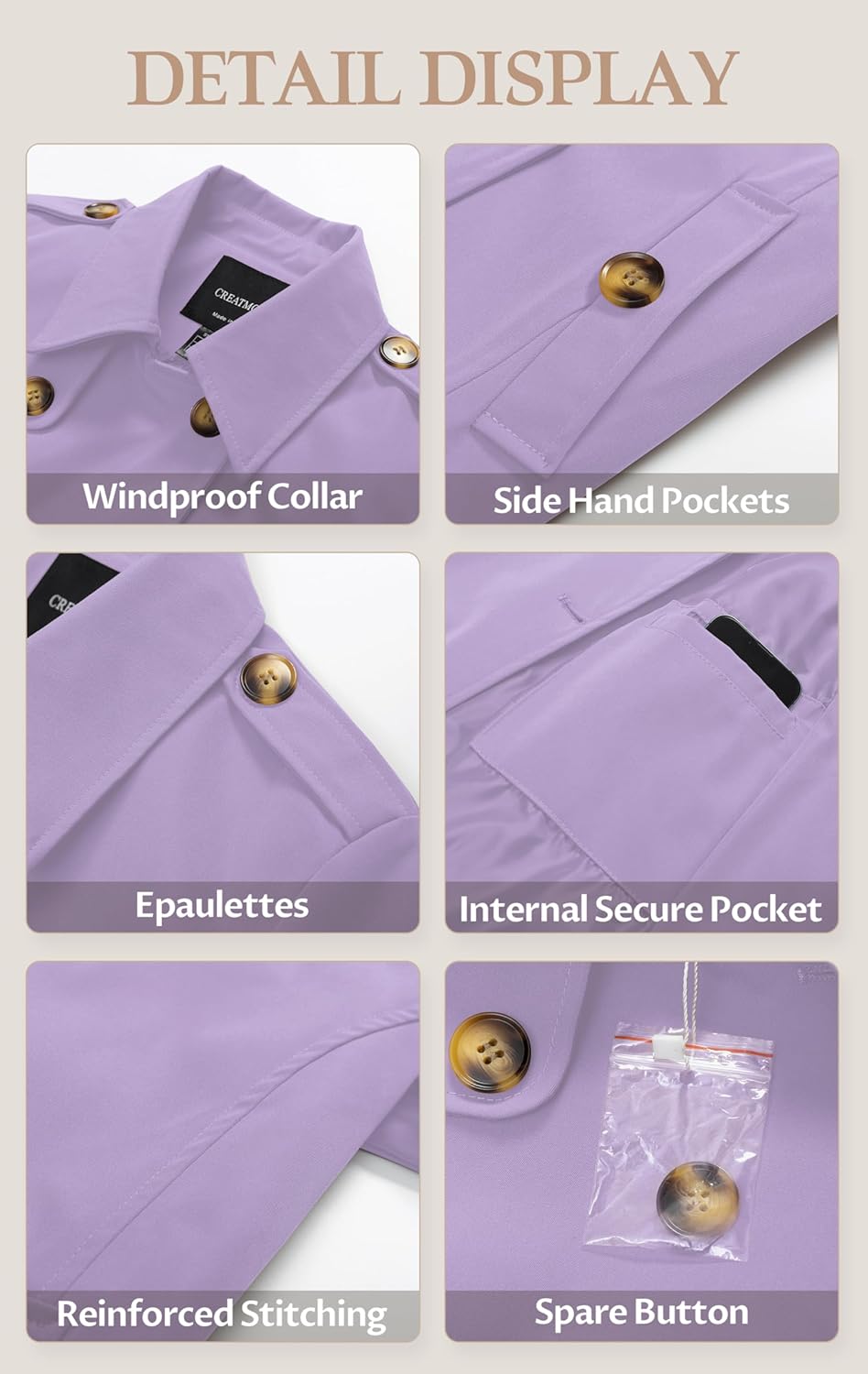 CREATMO US Women's Cropped Trench Coat Classic Double Breasted Lapel Jacket Water Repellent Outerwear - Image 7