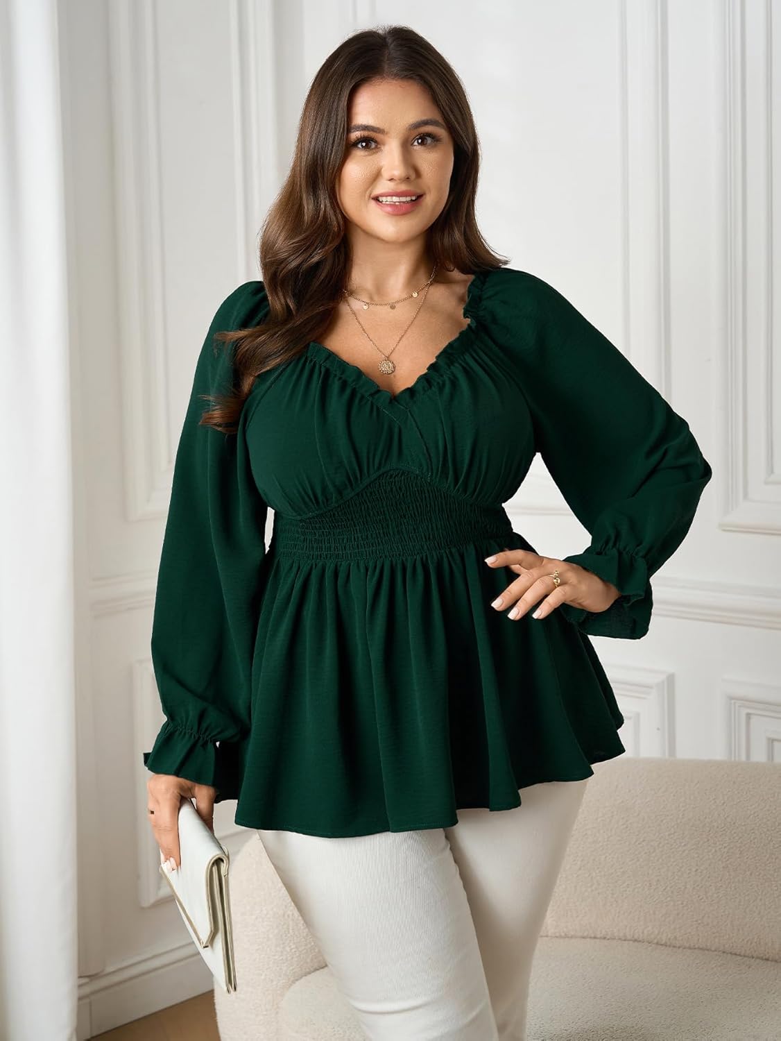SCOMCHIC Womens Plus Size Tops Long Sleeve Blouse Ruffle Sweetheart Neckline Smocked Peplum Babydoll Top - Image 3