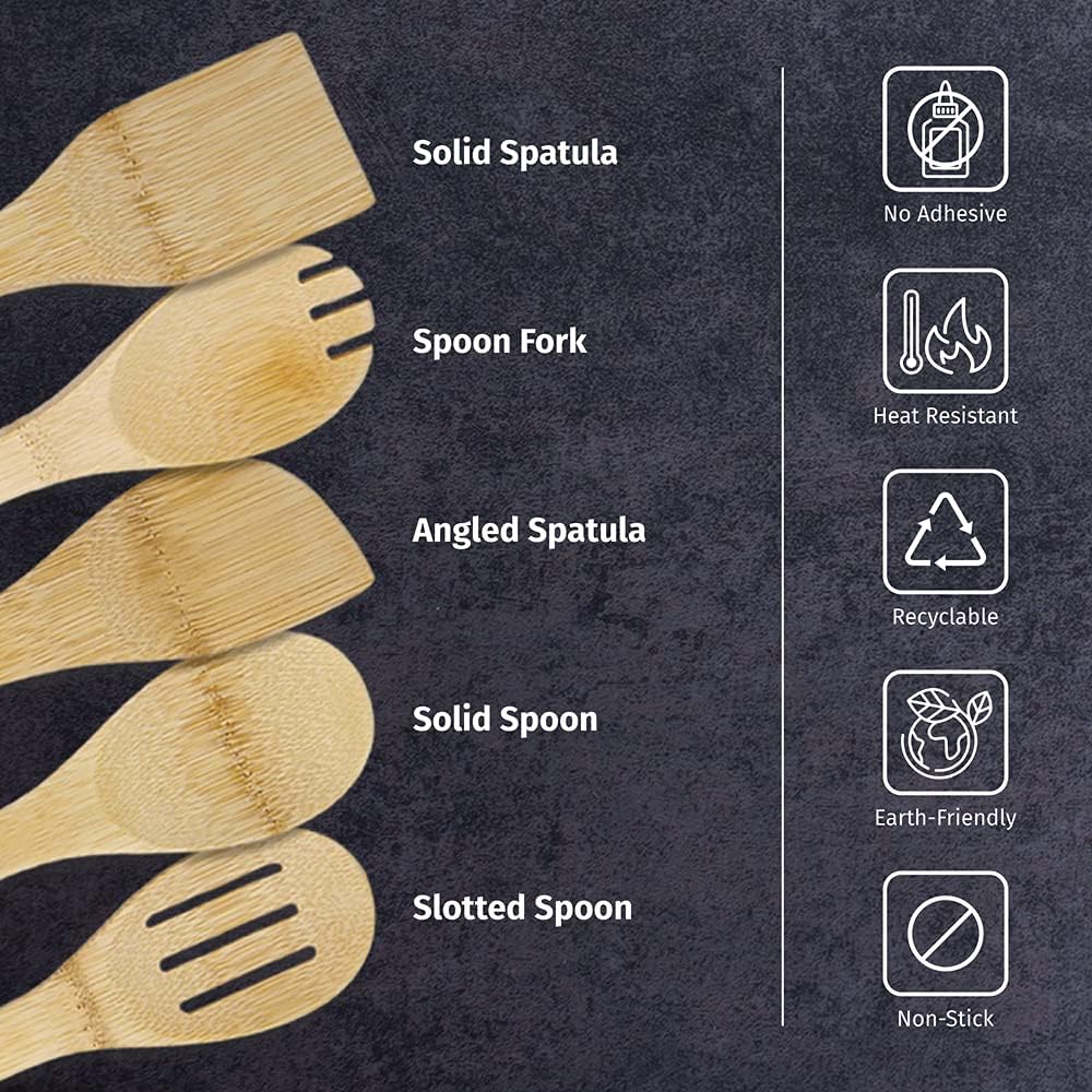 PrintSupremacy Custom Engraved Bamboo Cooking Spoons Set, Non Stick Wooden Kitchen Gadget Pan Cookware, Baking Gift for Housewarming Wedding Birthday, Chef Foodie Gift (Custom, 5 Pieces)