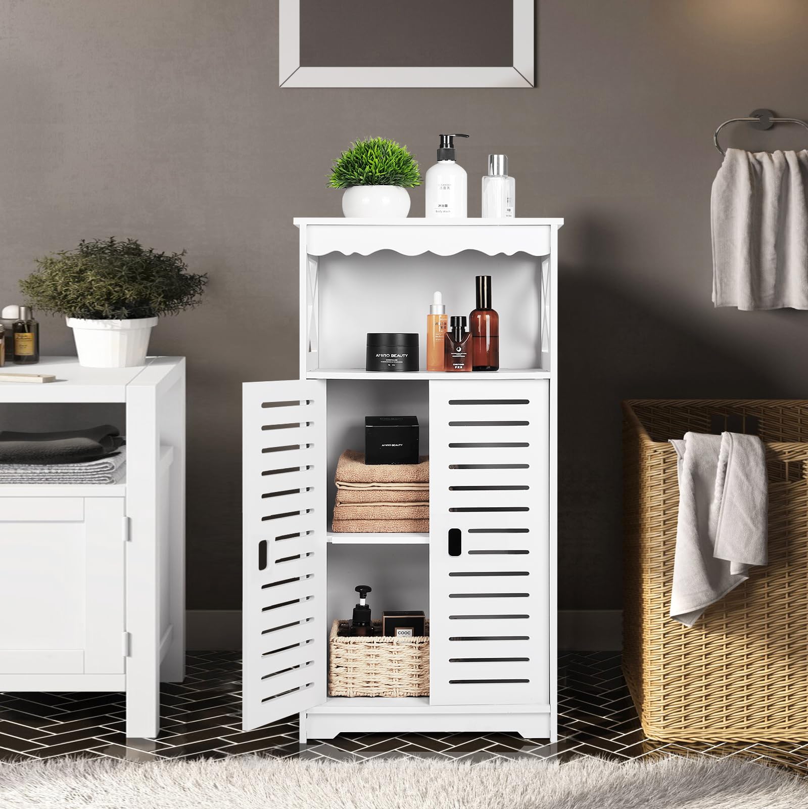 Dhouse Dritter Stock Badezimmerschrank Badezimmermöbel Wasserdichter Kommt Mit Offenen Ablagefächern Badschrank Freistehende Geeignet Für Wohnzimmer, Küche Und Bad Weiß 92x40x25CM