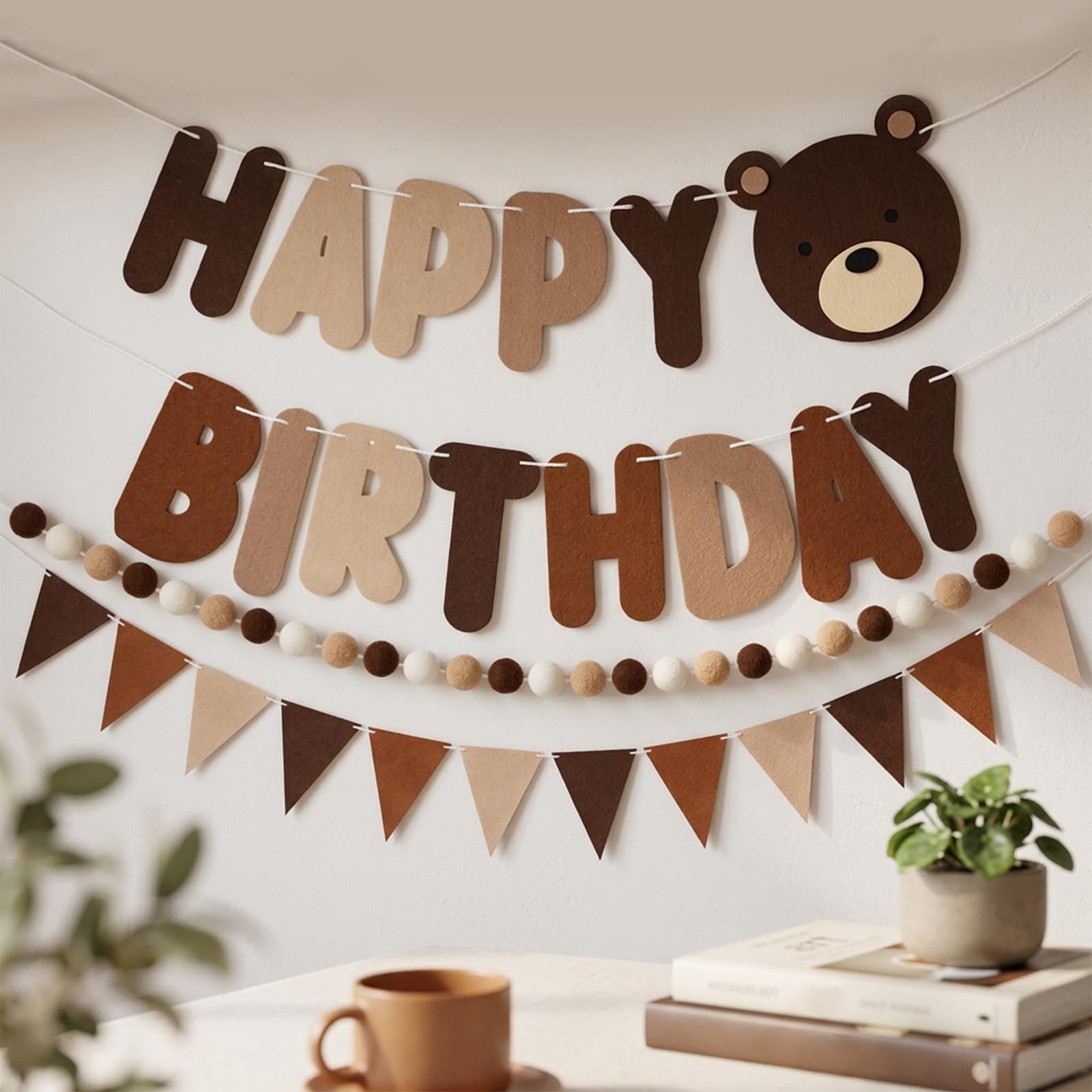 Brown Bear Felt Party Decorations Pack - 3-Piece Reusable Birthday Banner & Garland Set for Party Supplies