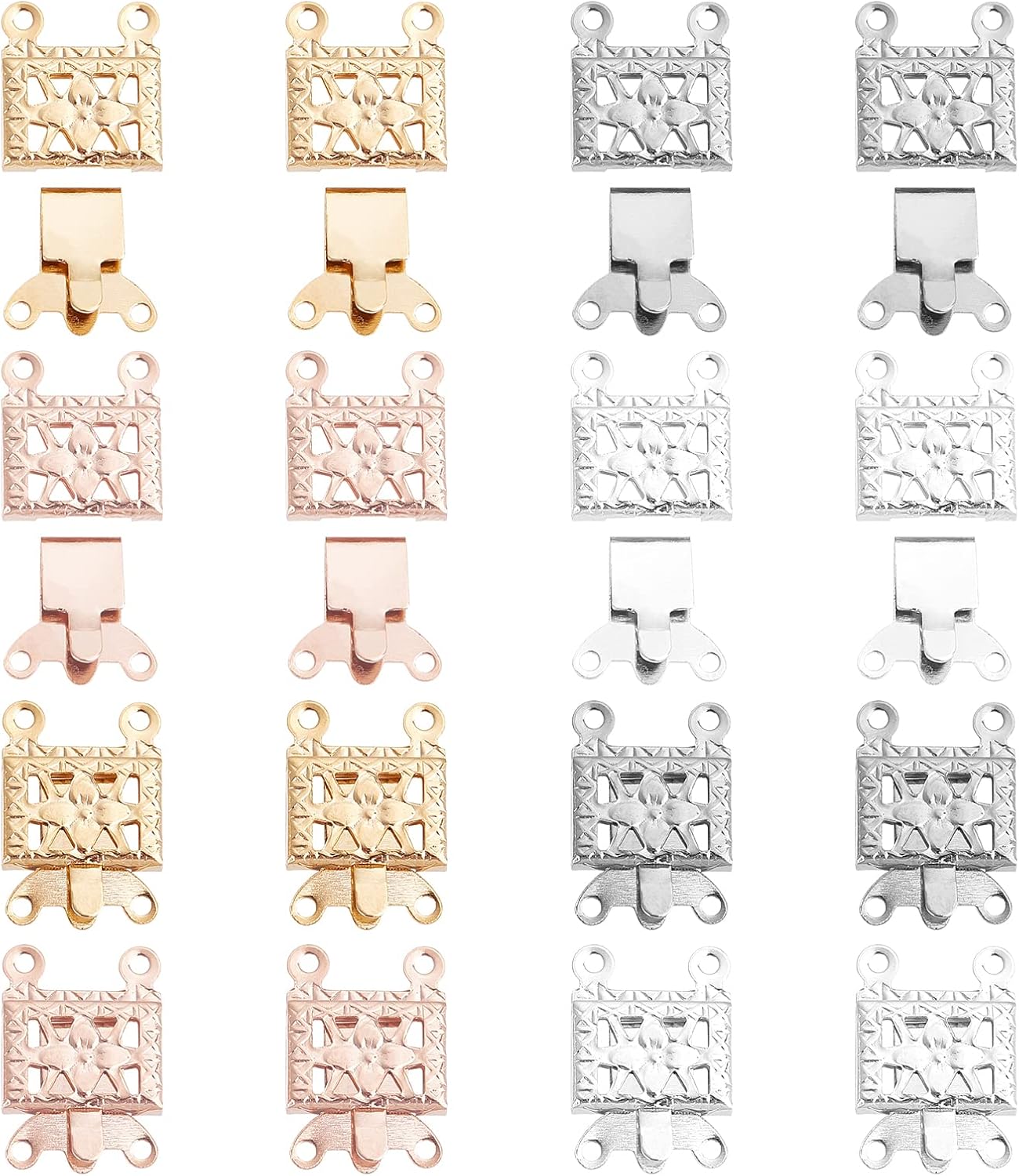 UNICRAFTALE 40 Sets 4 Colors Rectangle with Flower Necklace Clasps 2-Strands Clasps 4-Holes Stainless Steel Box End Clasp Lock Necklace Clasp for Jewelry DIY