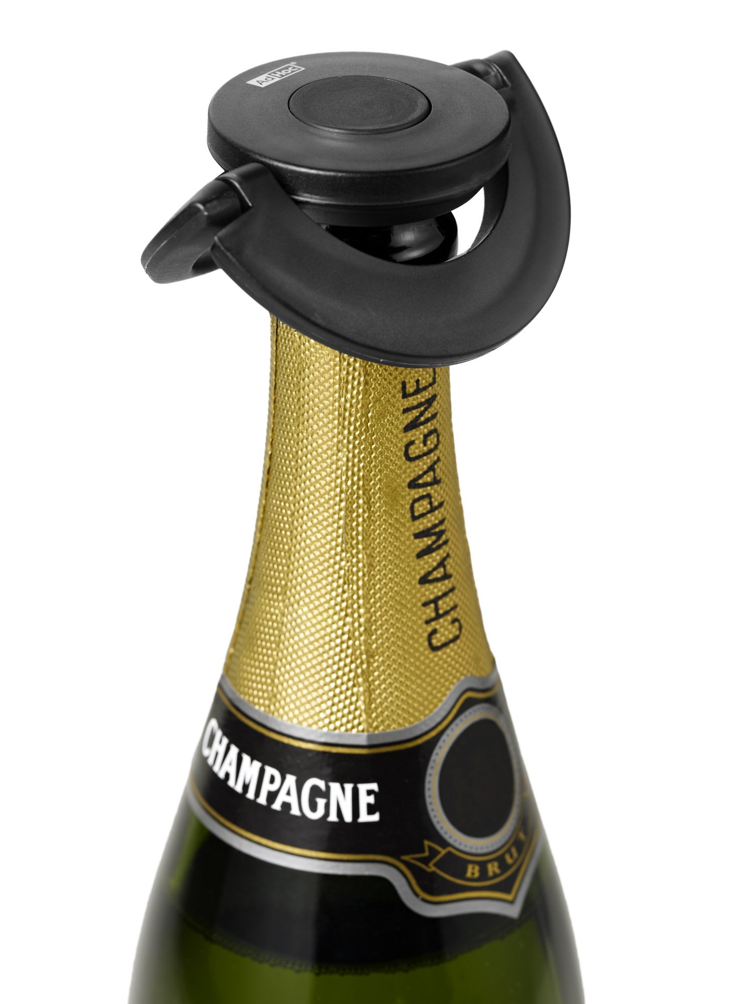 AdHoc Champ Black Champagne Stopper, Sparkling Wine/Champagne Bottle Stopper, Ultra Flat, Leak Proof, Keeps Fizz, Stainless Steel/Silicone 17 mm x 80 mm, Silver/Black, Includes Gift Box