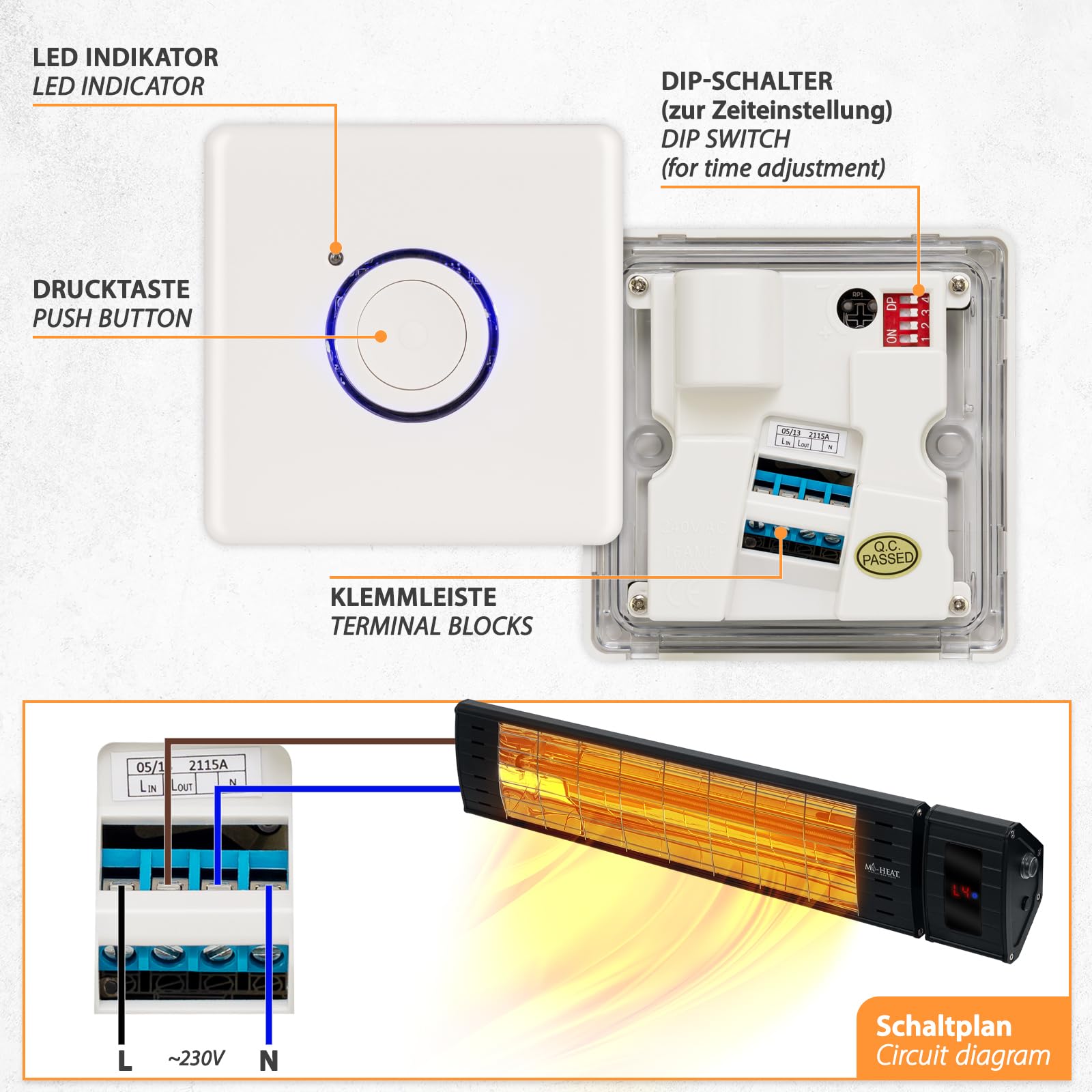 Timer conto alla rovescia da parete, timer programmabile da 2 a 120 minuti, timer di spegnimento con display LED e scatola da parete, interruttore della luce con timer