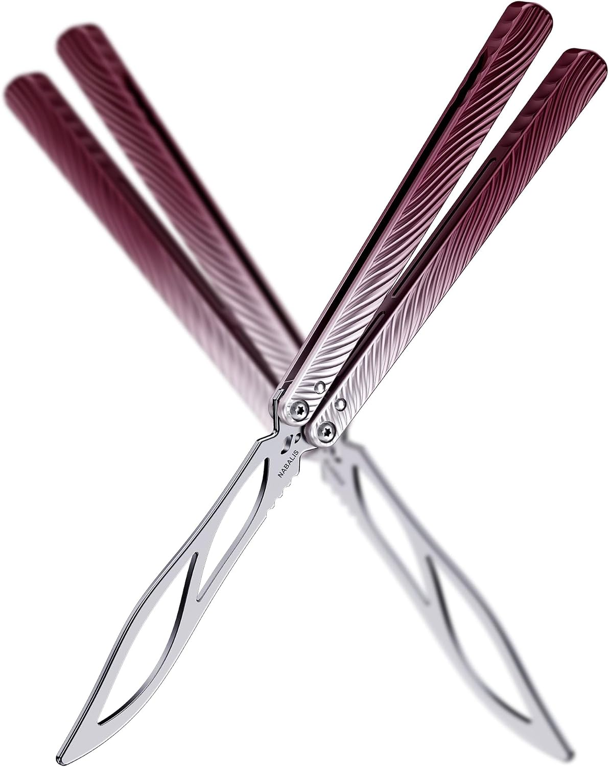 Nabalis Wing Butterfly Knife Balisong Trainer, 7075AL Handle, Bushing System, Handle Design Channel, Unsharpened, Violet
