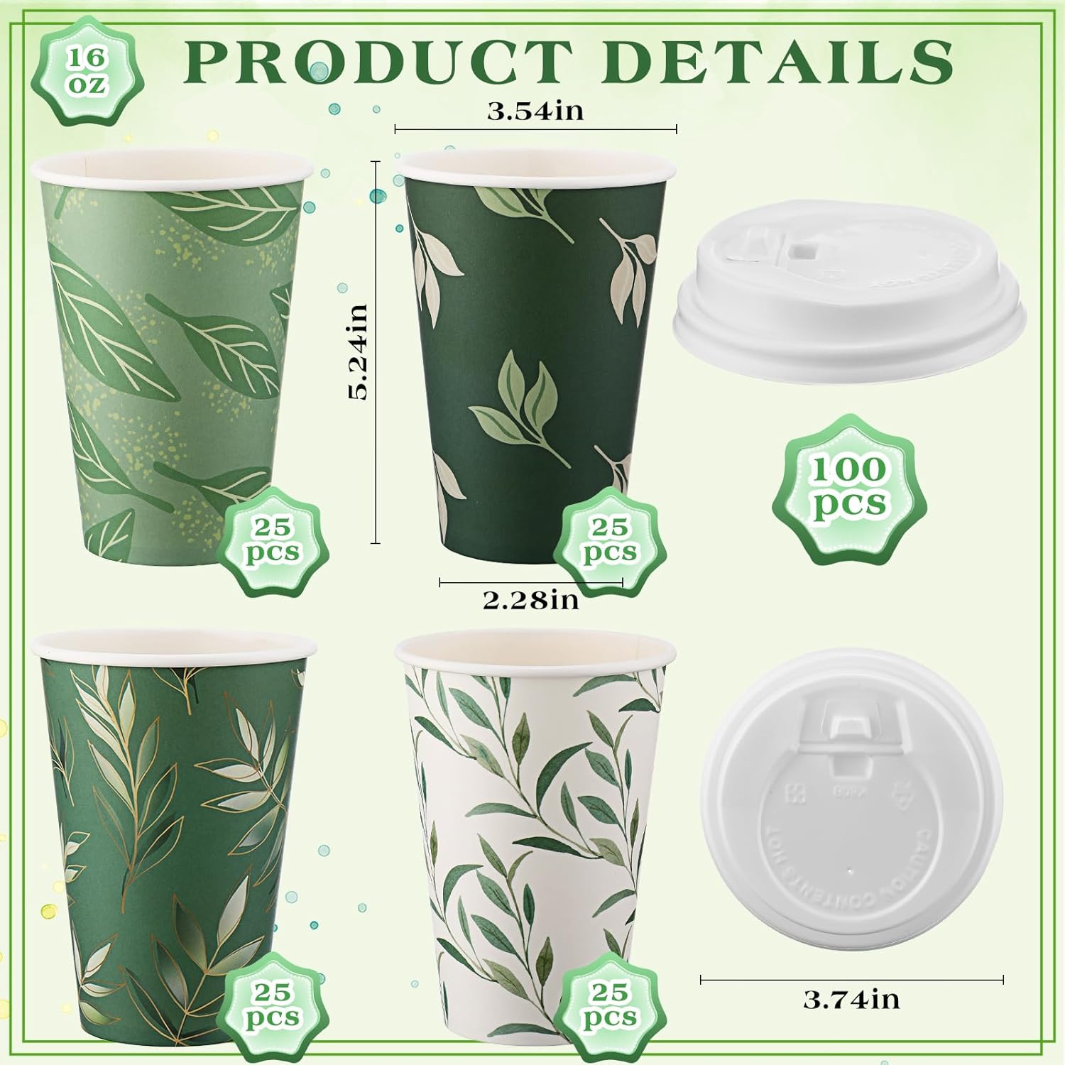 Zopeal 100 Pcs 16 oz Spring Disposable Coffee Cups with Lids 4 Sage Green Themed Pattern Paper Cups Travel Disposable Coffee Mugs for Spring Dinner Event Decoration Wedding Kitchen Restaurant Supplies