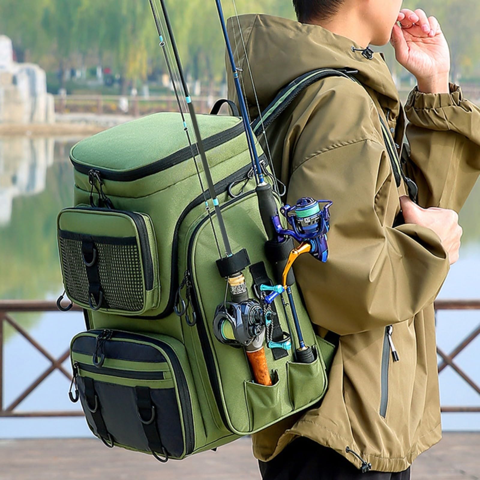 Zaino da pesca di grande capacità con supporti per canne, impermeabile, in tessuto Oxford, multi scomparto, per campeggio, escursionismo, viaggi (verde)