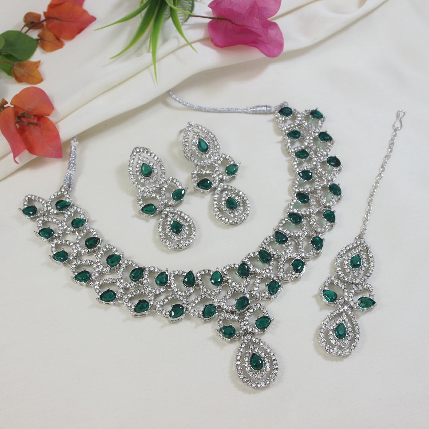 I Jewels Silver Plated Crystal Diamond Necklace & Earrings Jewellery Set for Women