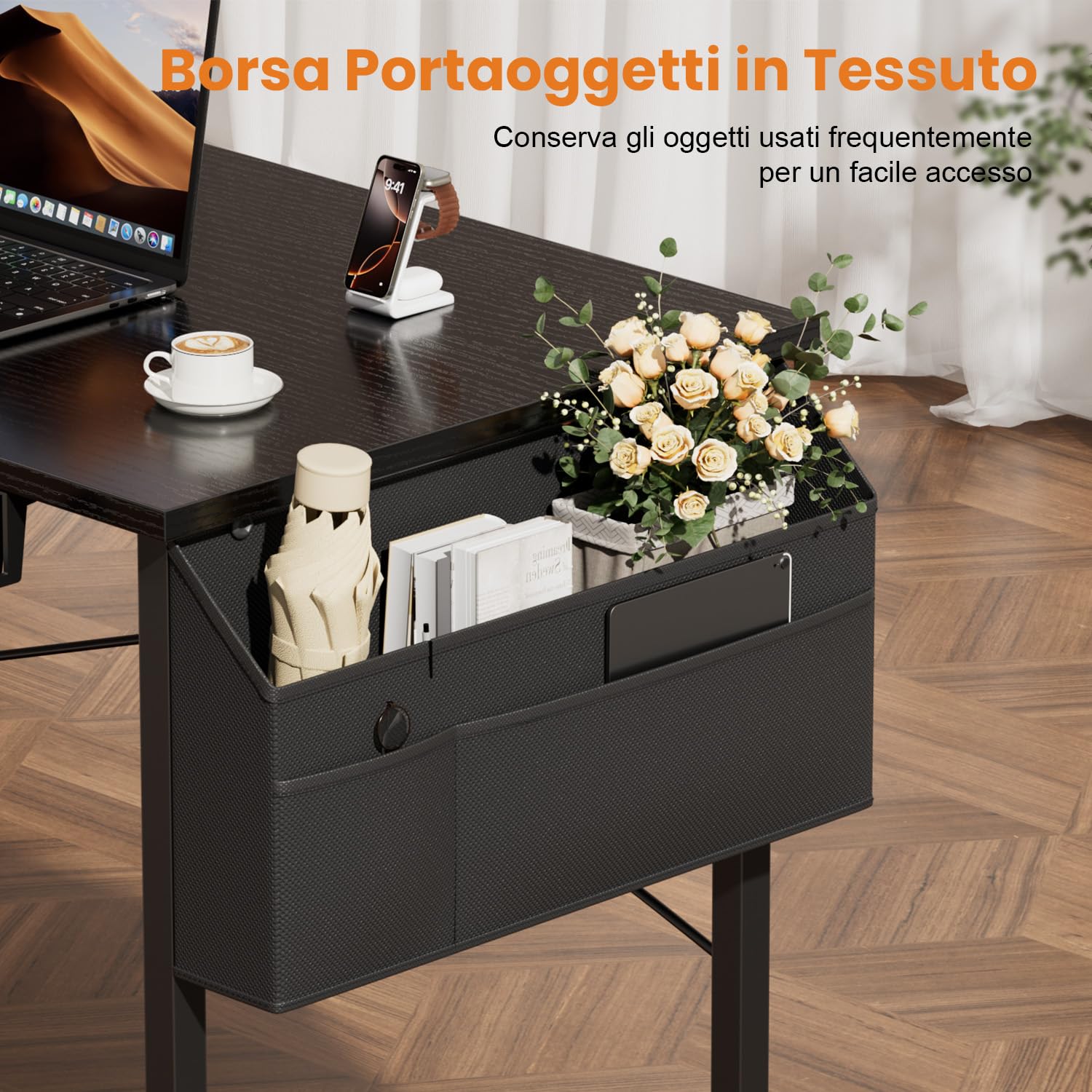 SOLAVERO Scrivania Angolare Reversibile 110 x 80 cm, Scrivania a L con Borsa Portaoggetti, Tavolo Computer con Ripiani, per Ufficio, Studio and Soggiorno, Tavolo Gaming Nero