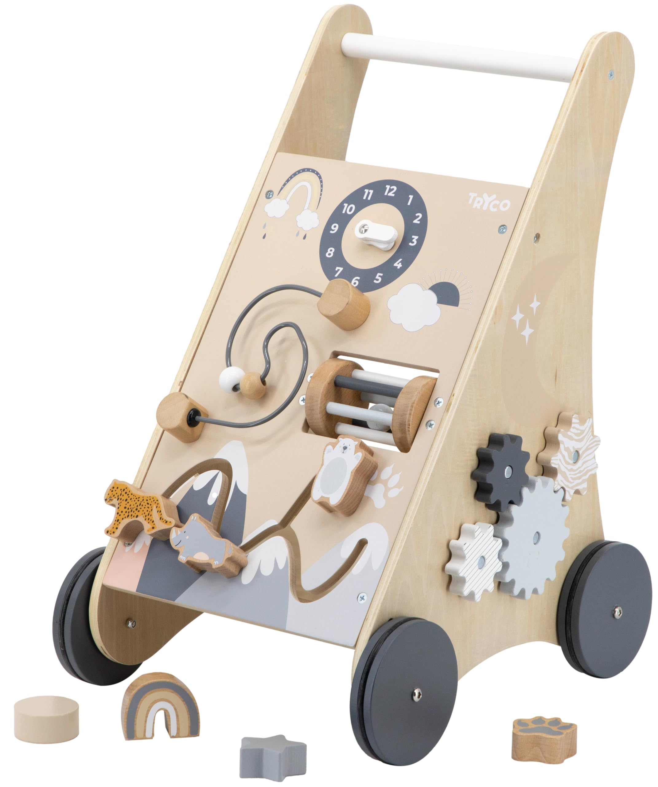 Personalisierter Lauflernwagen aus Holz mit Name – Sicherer Baby Schiebewagen für erste Schritte – Lauflernhilfe mit Bremse & Motorikspiel – Geschenk zum 1. Geburtstag für Mädchen & Jungen