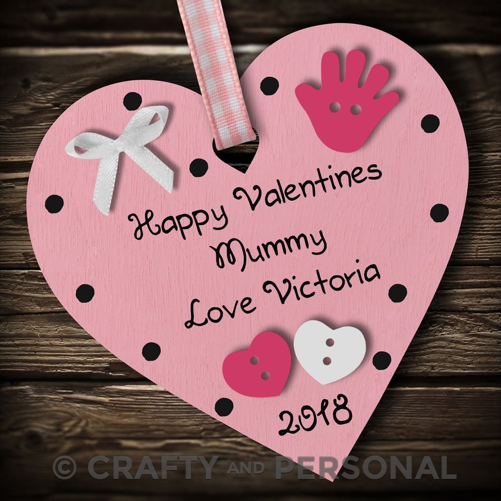 Crafty And Personal Pink #1 Personalised Happy Valentines Mummy Plaque Present Wooden Heart Hanging Ornament Keepsake Gift For Mum Mother Grandma Stepmum (Pink #1)
