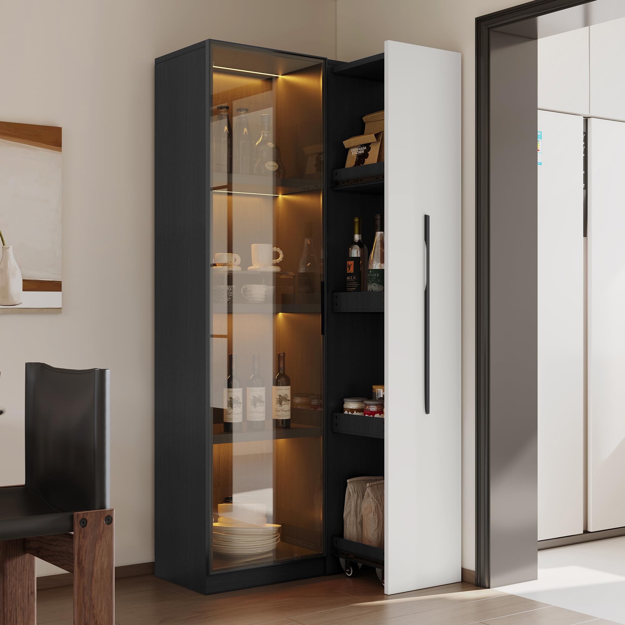 Merax Vetrina 70 × 40 × 160 cm, libreria con porta in vetro temperato, telaio in alluminio, estrattore laterale e cassetto, con ruote e illuminazione a LED, per soggiorno e sala da pranzo