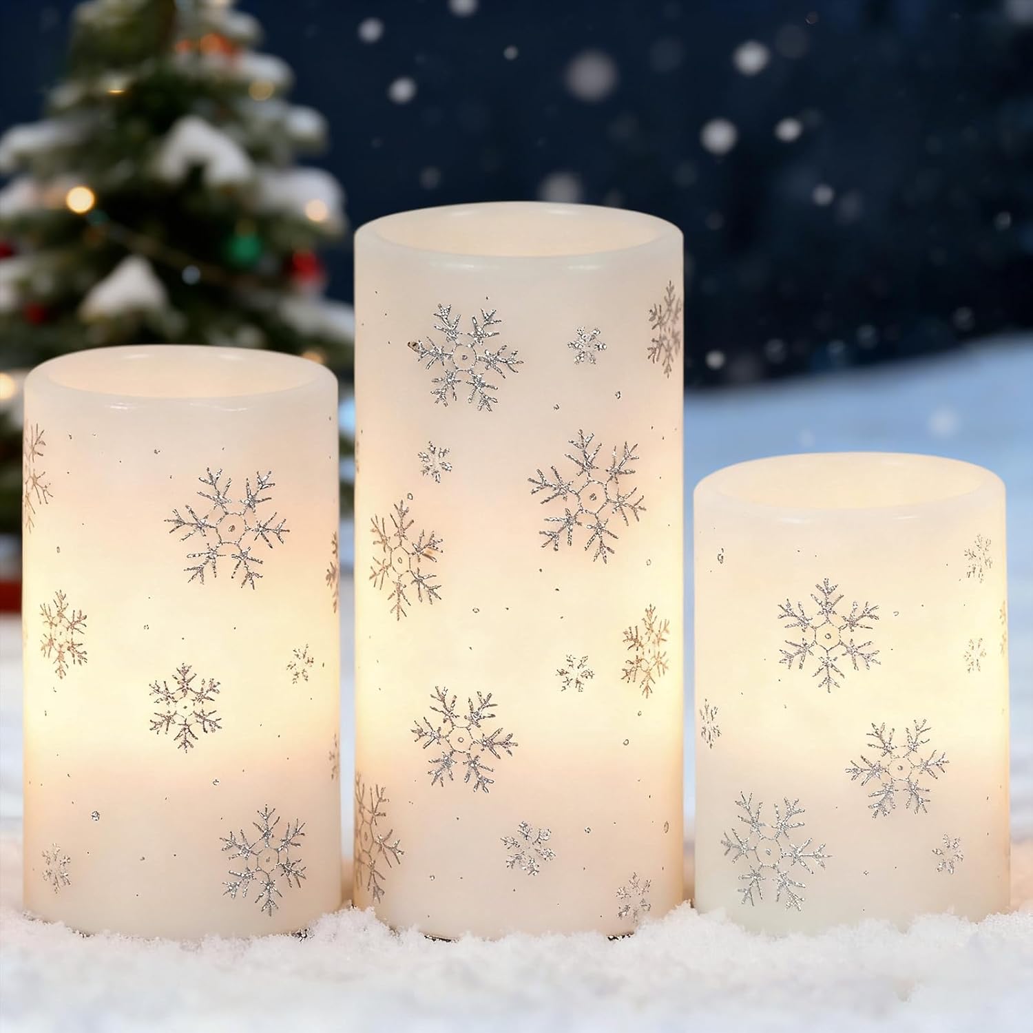 Snowflake Christmas Candles with 6H Timer, Battery Operated Candles, Real Wax Flameless LED Candle Pillar for Home Décor Christmas Decorations Gifts, 3x4/5/6 inches