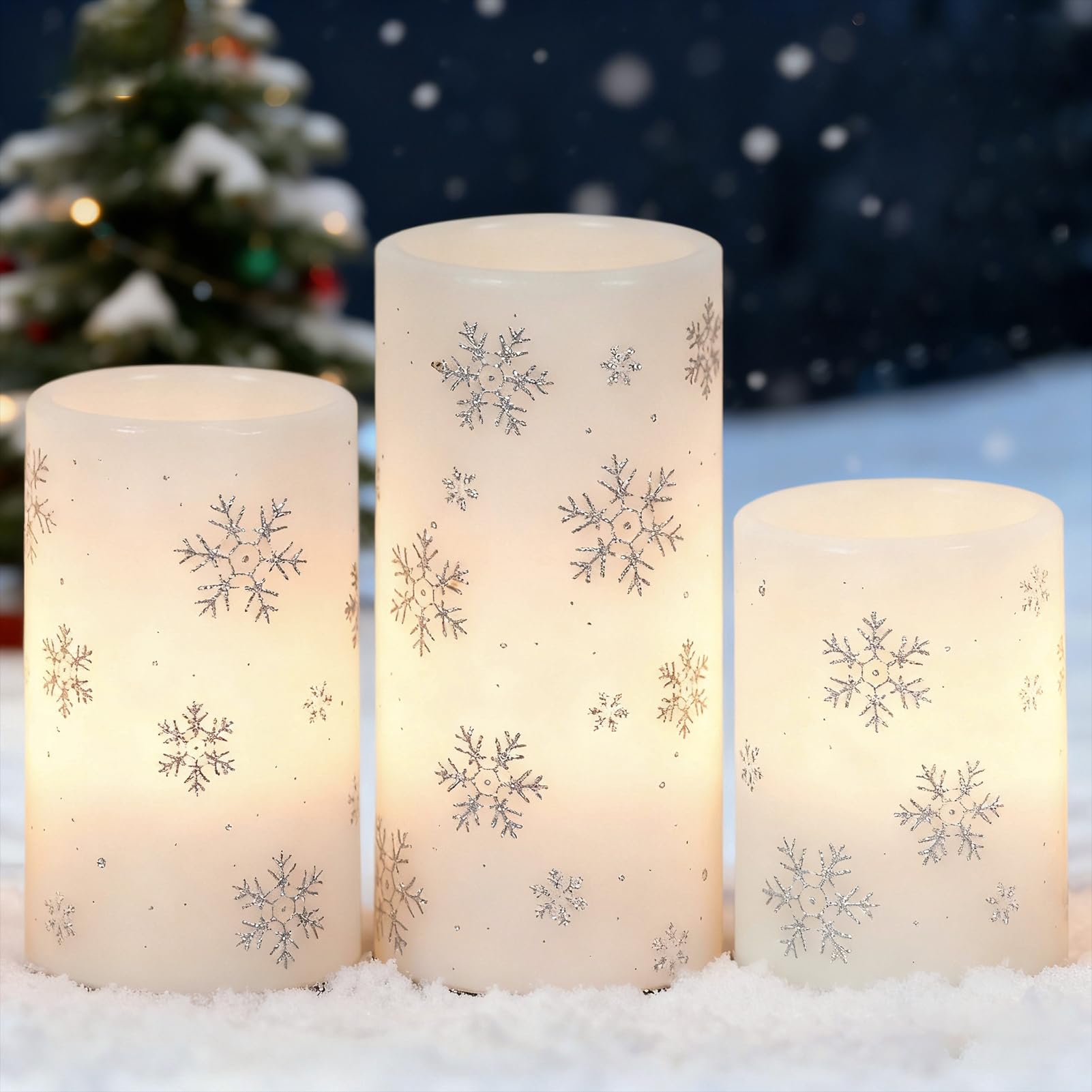 Candele natalizie a forma di fiocco di neve con timer 6H, candele a batteria, in vera cera, senza fiamma, a LED, per decorazioni domestiche, regali, 3 x 4/5/6 pollici