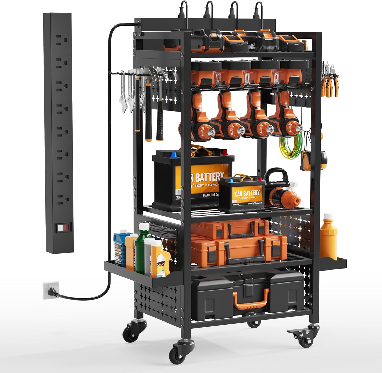 Power Tool Organizer Rolling Cart with 8 Charger Outlets, Heavy Duty Mobile Tool Storage Cart, 5 Tier Garage Organizer with Drill Holder, All-in-One Workshop Utility Cart on Wheels