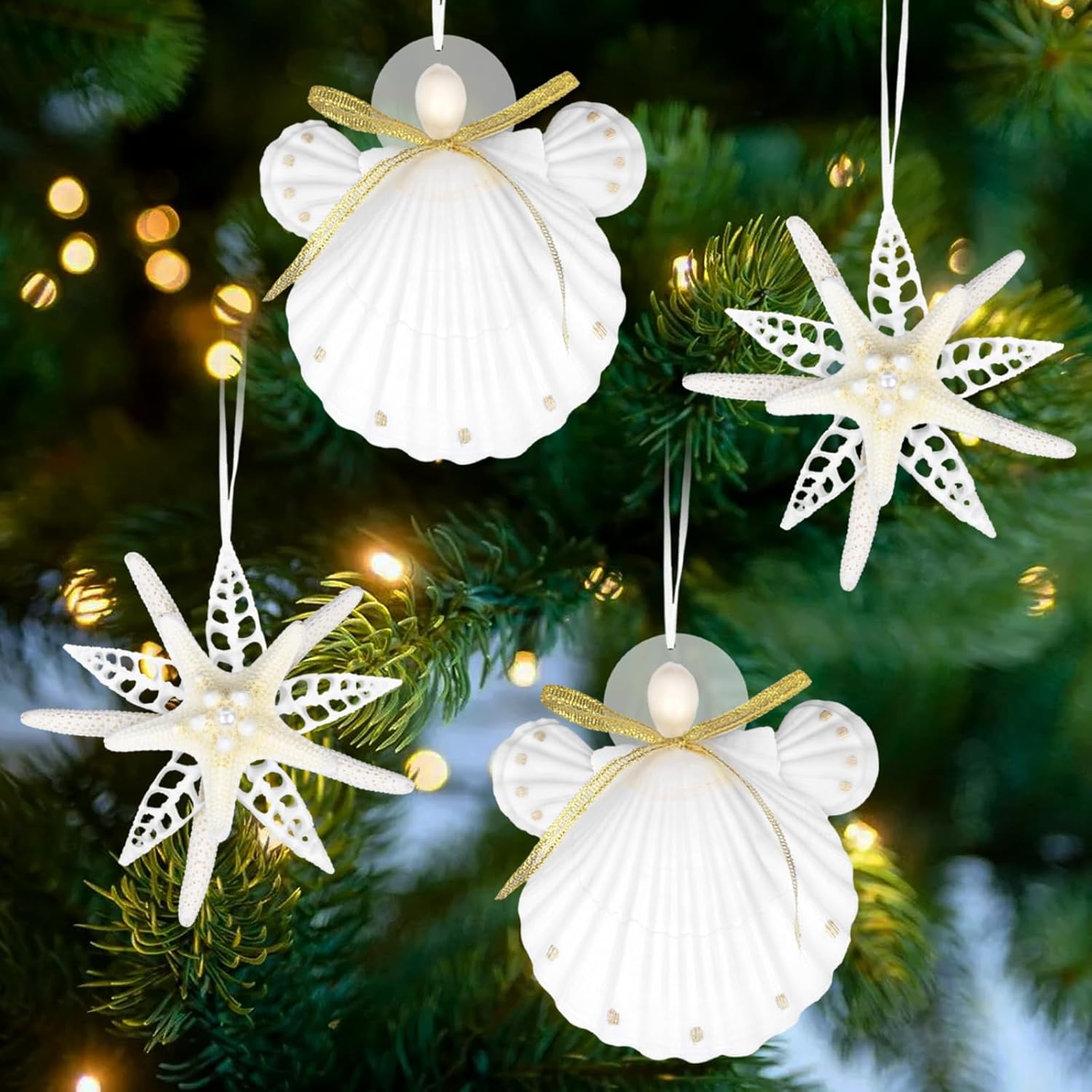 JQAQJU Coastal Christmas Seashell Starfish Ornaments 4PCS Handmade Natural Sea Shells & Starfish Crafts Christmas Tree Hanging Ornaments, for Xmas Coastal & Beachy Theme Angel & Snowflake Decor