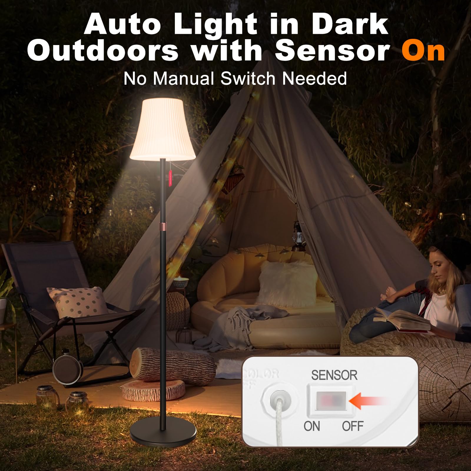 Mojimdo Solar Stehlampe IP65, RGB 7 Farben, 3-stufig Warmweiß dimmbar, mit Dämmerungssensor & Fernbedienung, höhenverstellbare, kabellose LED Stehleuchte – für Garten, Balkon, Terrasse & Außenbereich