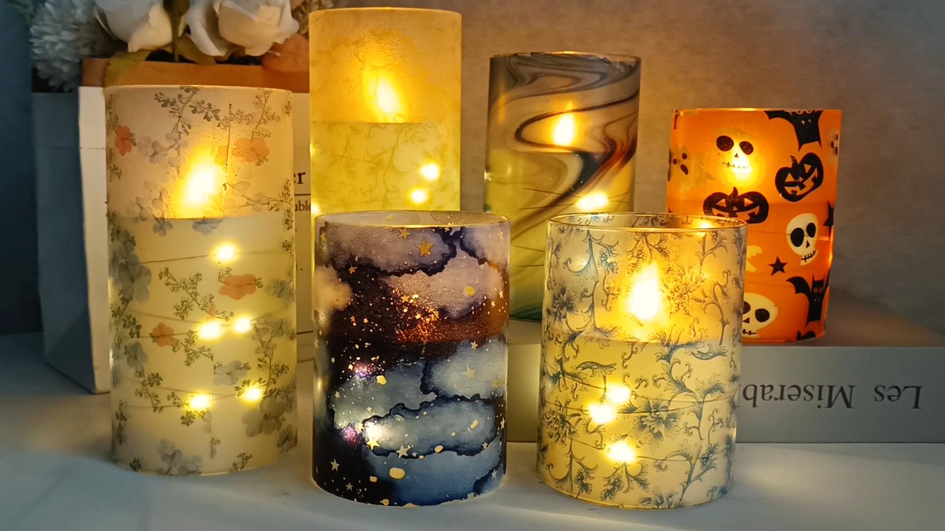 Image of Flickering Flameless Candles Pink Marble Embedded Star String Lights, Battery Operated Acrylic LED Pillar Candles with 11-Key Remote and Timer for Home Decoration, 3 Pack