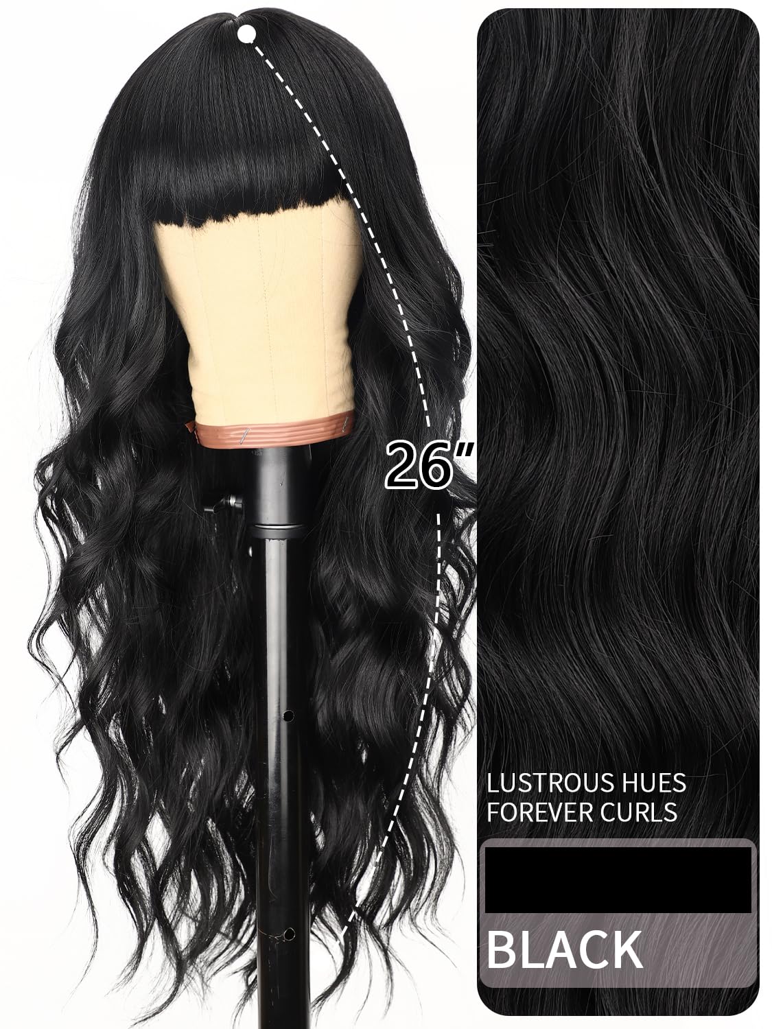 Condition photo showing New/Like New for AISI HAIR Black Wig with Bangs Long Wavy Synthetic Wig for Women with Daily Party Use