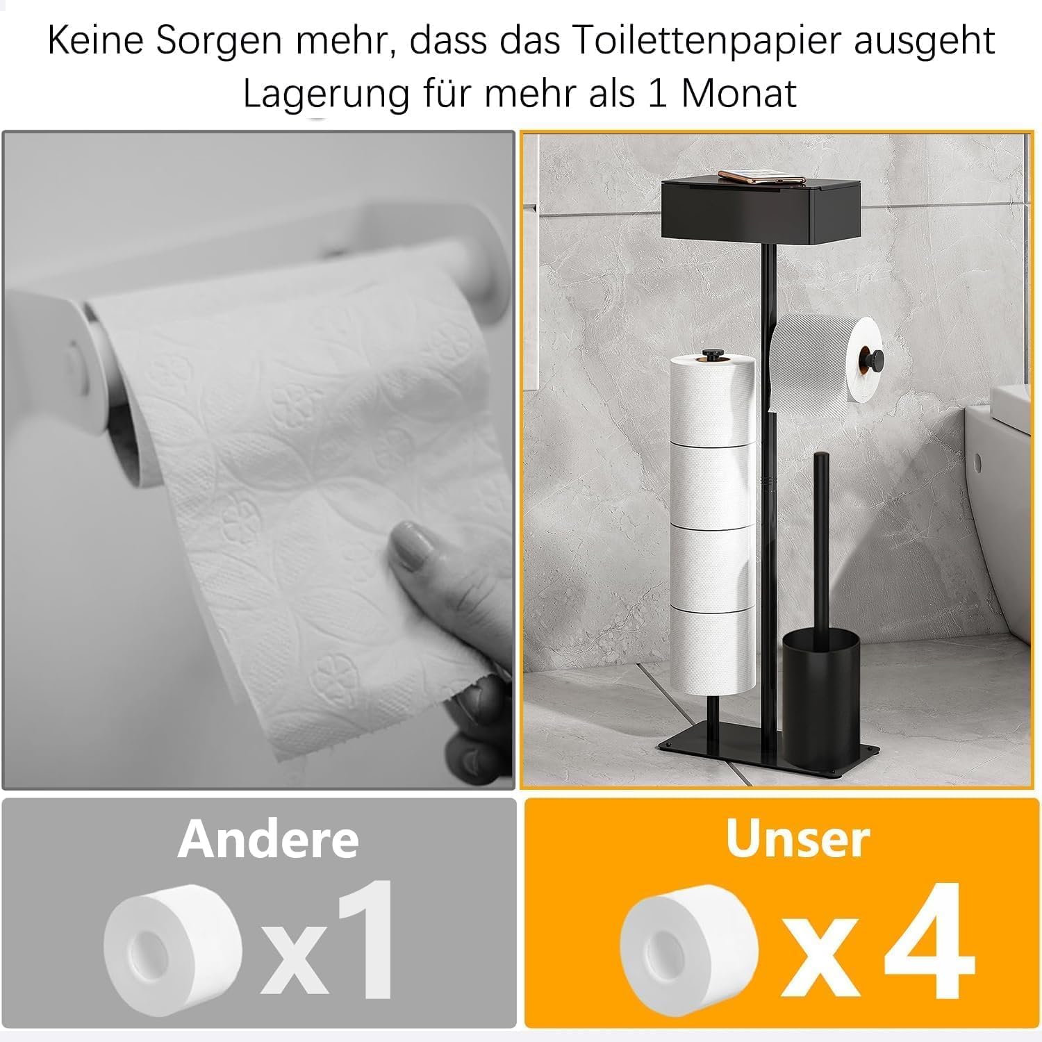 Klopapierhalter Stehend mit Klobürste - GUIGUZI Edelstahl Schwarz Toilettenpapierhalter mit Feuchttücherbox - WC Garnitur mit Toilettenpapierhalter Stehend und Toilettenbürste