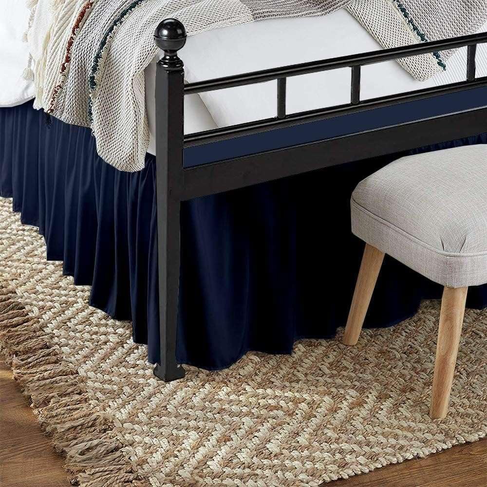 Navy Blue Solid Ruffled Bed Skirt Twin-22 Inch Drop Split Corner, Microfiber Bedskirt with Platform Three Sided Coverage