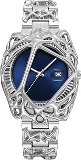 PINTIME Avant-Garde Men Unique Sculpted Frame Wrist Watch, Asymmetrical Dial Waterproof Stainless Steel Quartz Dress Watch