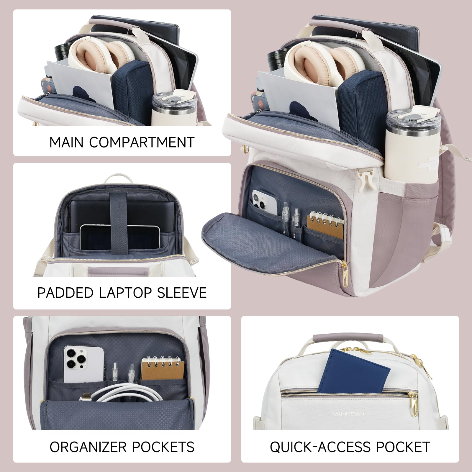 VANKEAN Mochila para laptop para mujer (beis-rosa polvoriento, 17.3 pulgadas)
