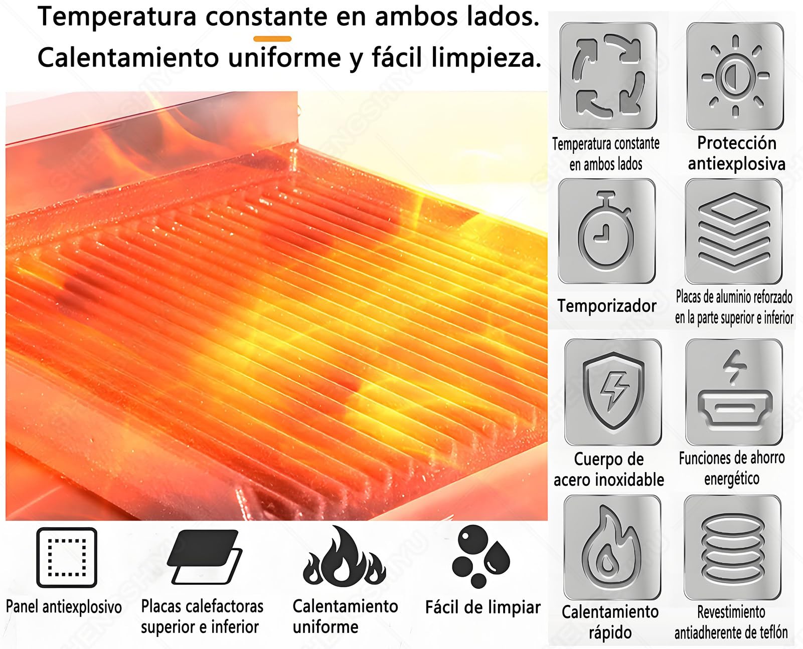 Profesjonalny Elektryczny Grill do Panini,Profesjonalny Opiekacz do Kanapek,Opiekacz do Burgerów,żebrowany Grill Kontaktowy,Regulacja Temperatury Pokrętłem (50~300°C) + Timer 1~5 Minut FY812