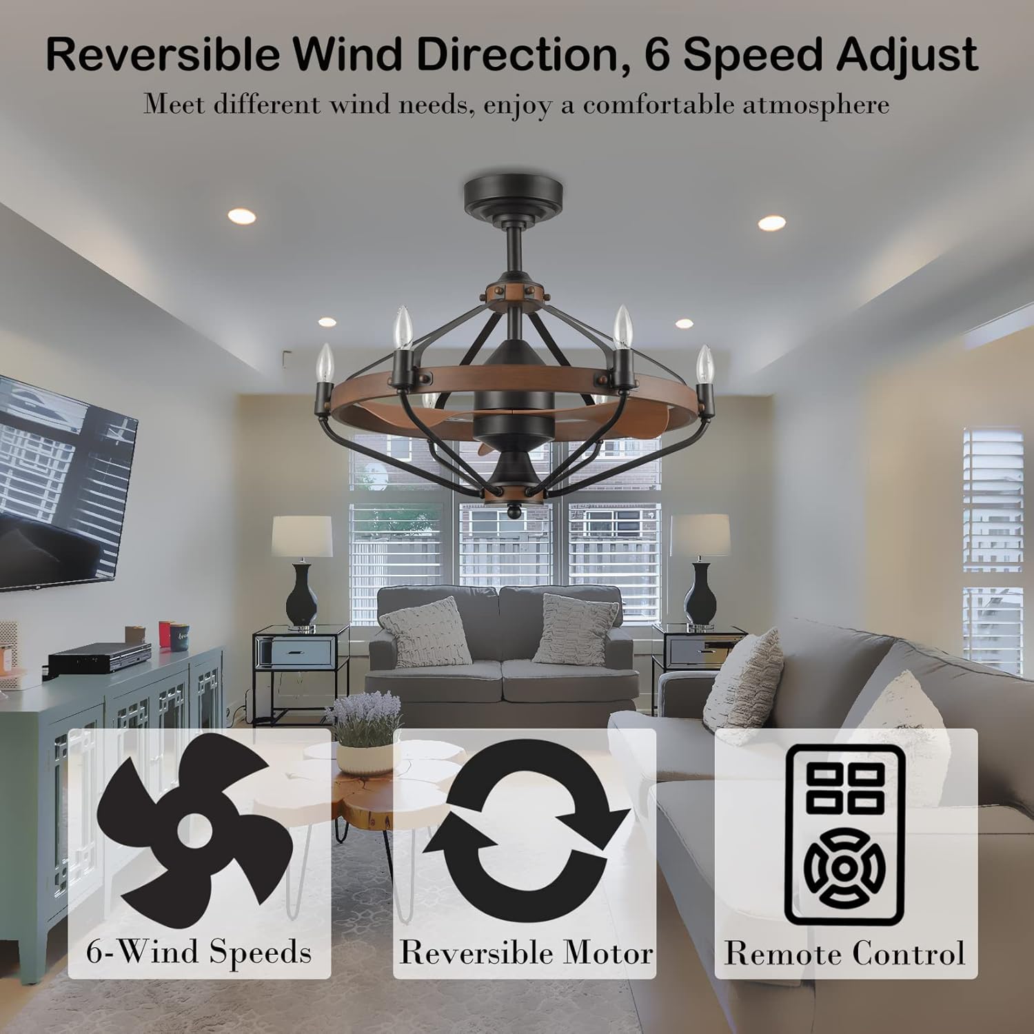 Caged Ceiling Fan with Lights Remote Control, 24 Inch Farmhouse Ceiling Fans with Lights Black and Wood Finish, Bladeless Chandelier Ceiling Fan Light Fixture for Living Room Dining Room