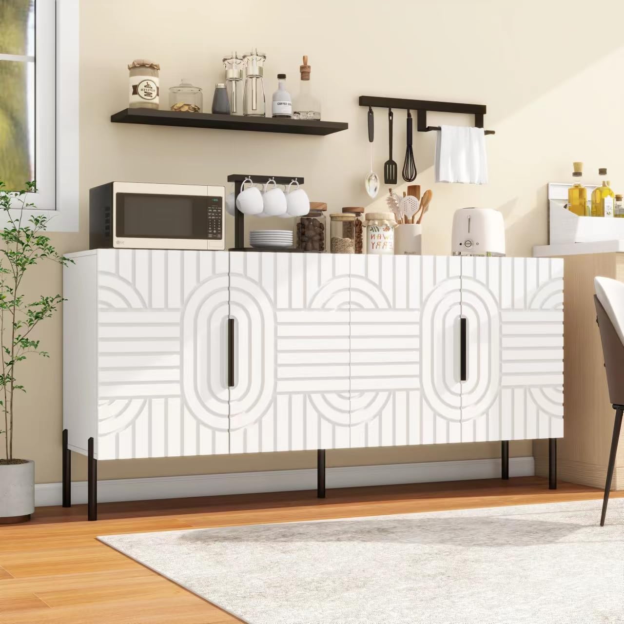 Fluted Sideboard Buffet Cabinet with Storage: 63" White Mid Century Modern Sideboard with 4 Doors, Console Cabinet Dining Room, White Buffet Table