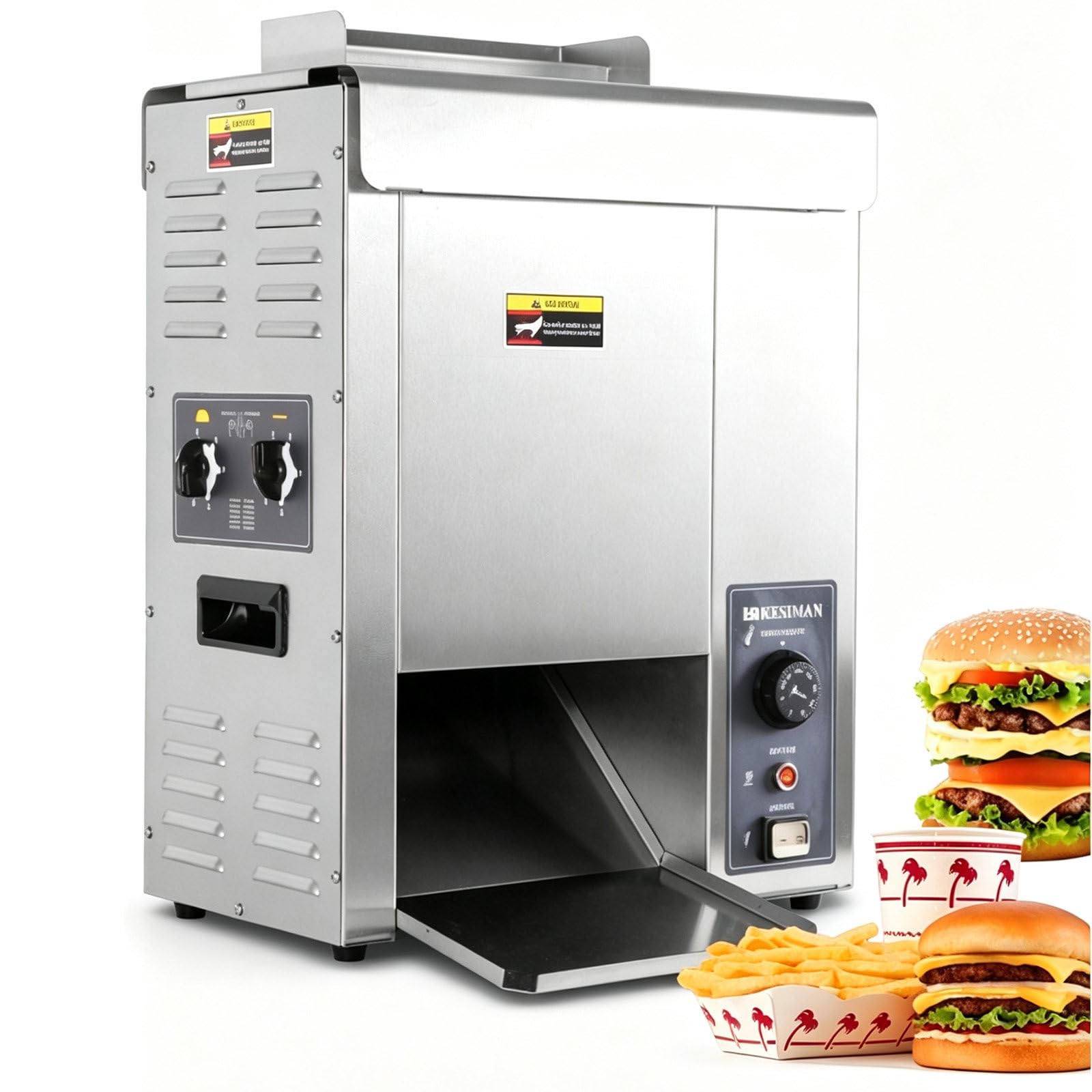 Profesjonalny pionowy opiekacz do bułek hamburgerowych (2000 W) – automatyczny model taśmowy z regulacją, do restauracji, piekarni i barów (220 V)