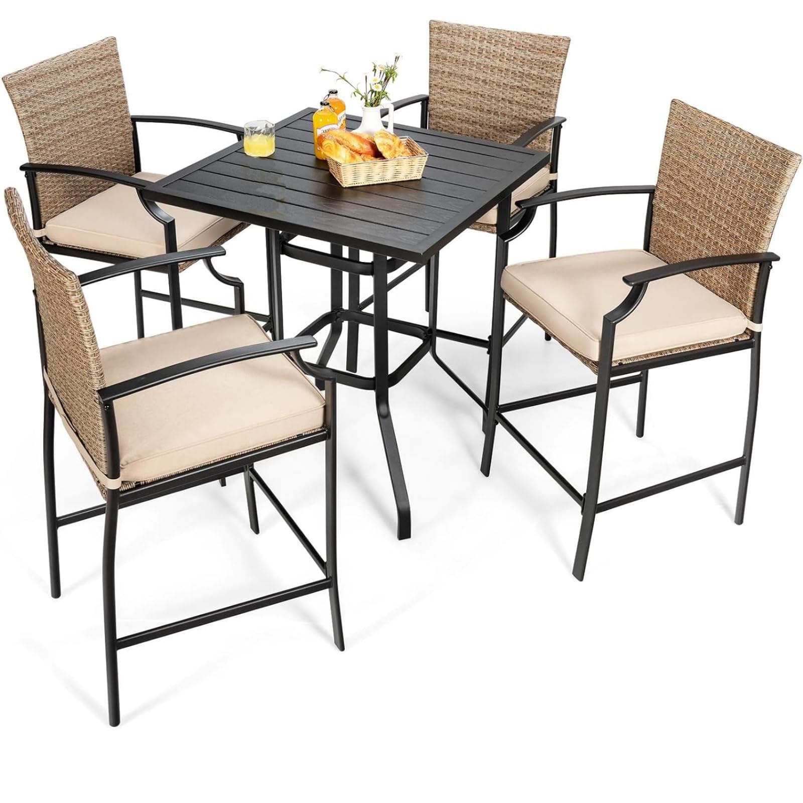 GiantexUK 5 Pieces Outdoor Bar Stool Set, Patio Rattan Bistro Set with 4 Wicker Bar Chairs & 1 Bar Table, Garden Table and Chairs Set for Courtyard Poolside (Table+4 Chairs)