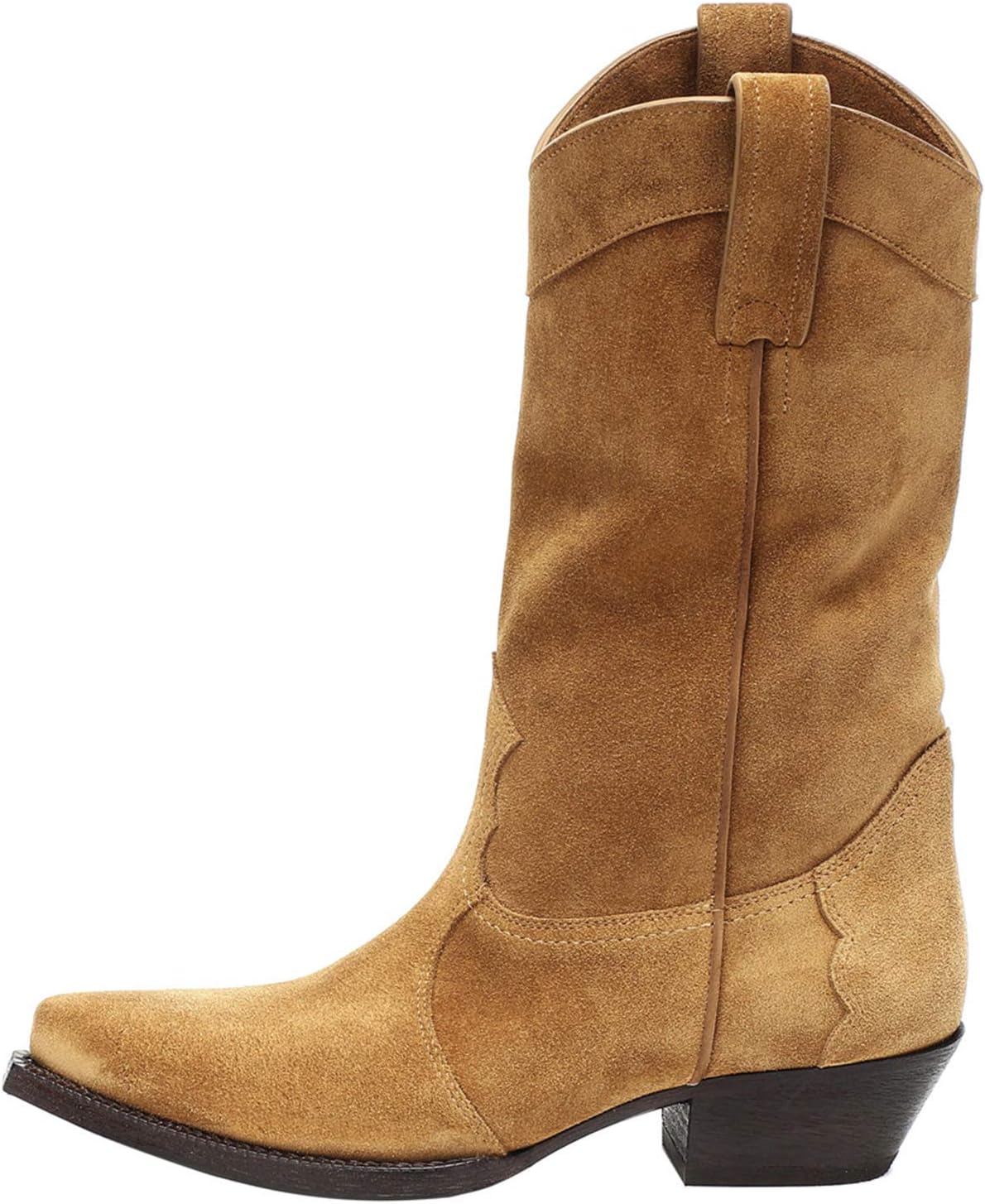 YIYA Women's Western Suede Cowboy Mid Calf Boots Classic Pointed Toe Chunky Low Heels Cowgirl Boots