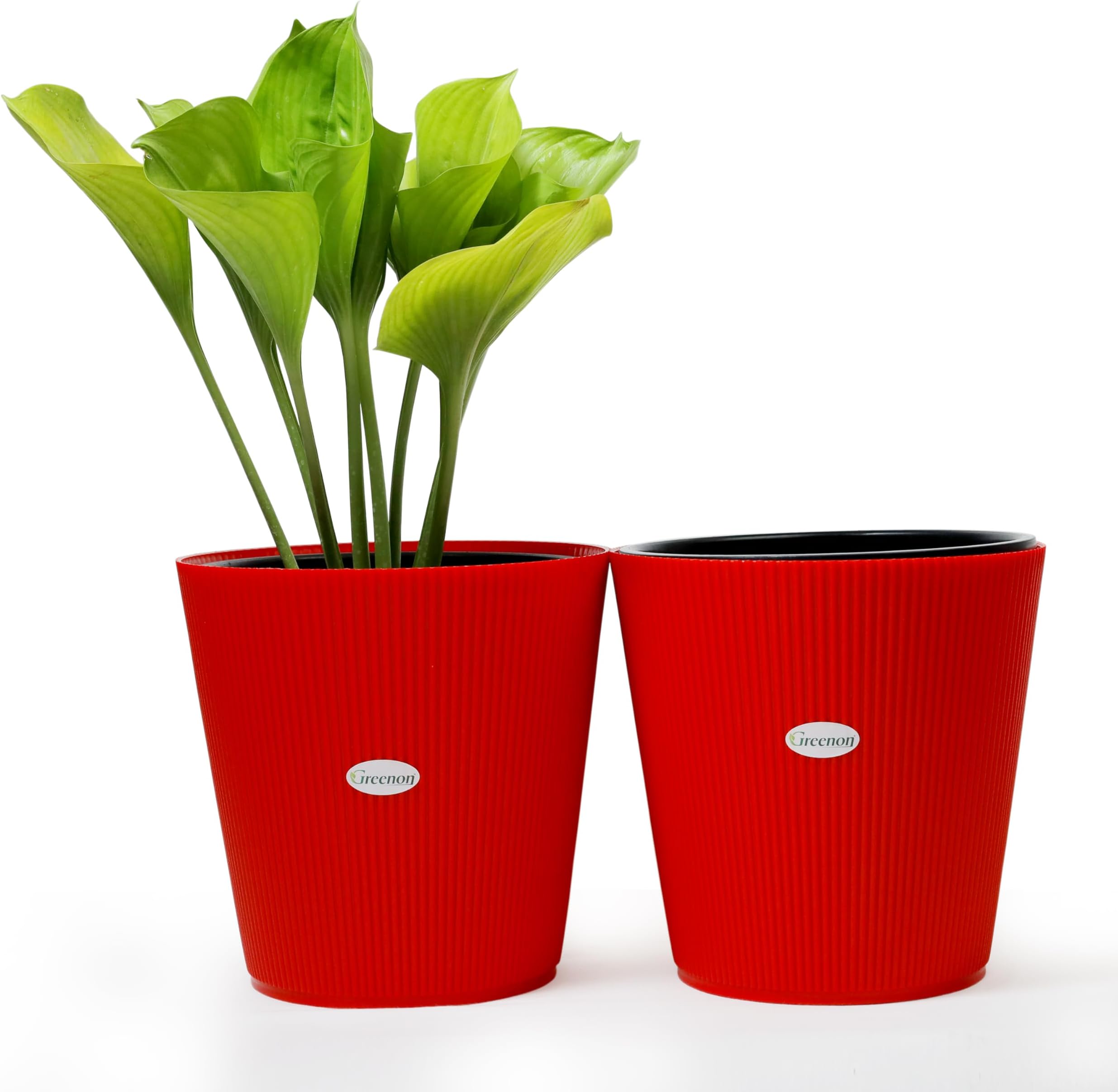 GREENON® 10 Inch Self Water Plant Pot Pack of 2 (4 pots) | Red Outer and Black Inner Plant Container | UnFadable Planter | Virgin Plastic Gamla | UV Treated | Suitable for Indoor and Balcony