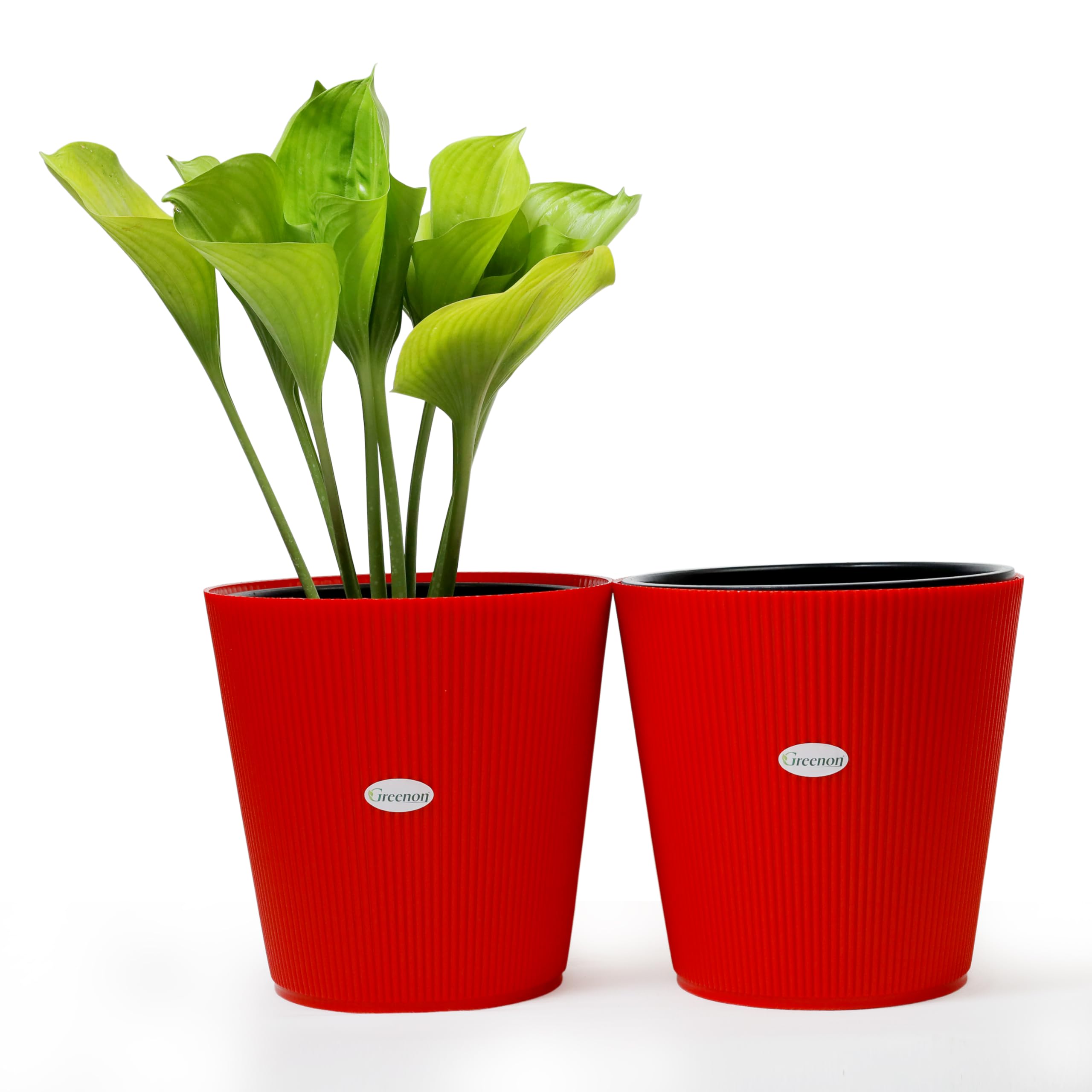 GREENON® 10 Inch Self Water Plant Pot Pack of 2 (4 pots) | Red Outer and Black Inner Plant Container | UnFadable Planter | Virgin Plastic Gamla | UV Treated | Suitable for Indoor and Balcony